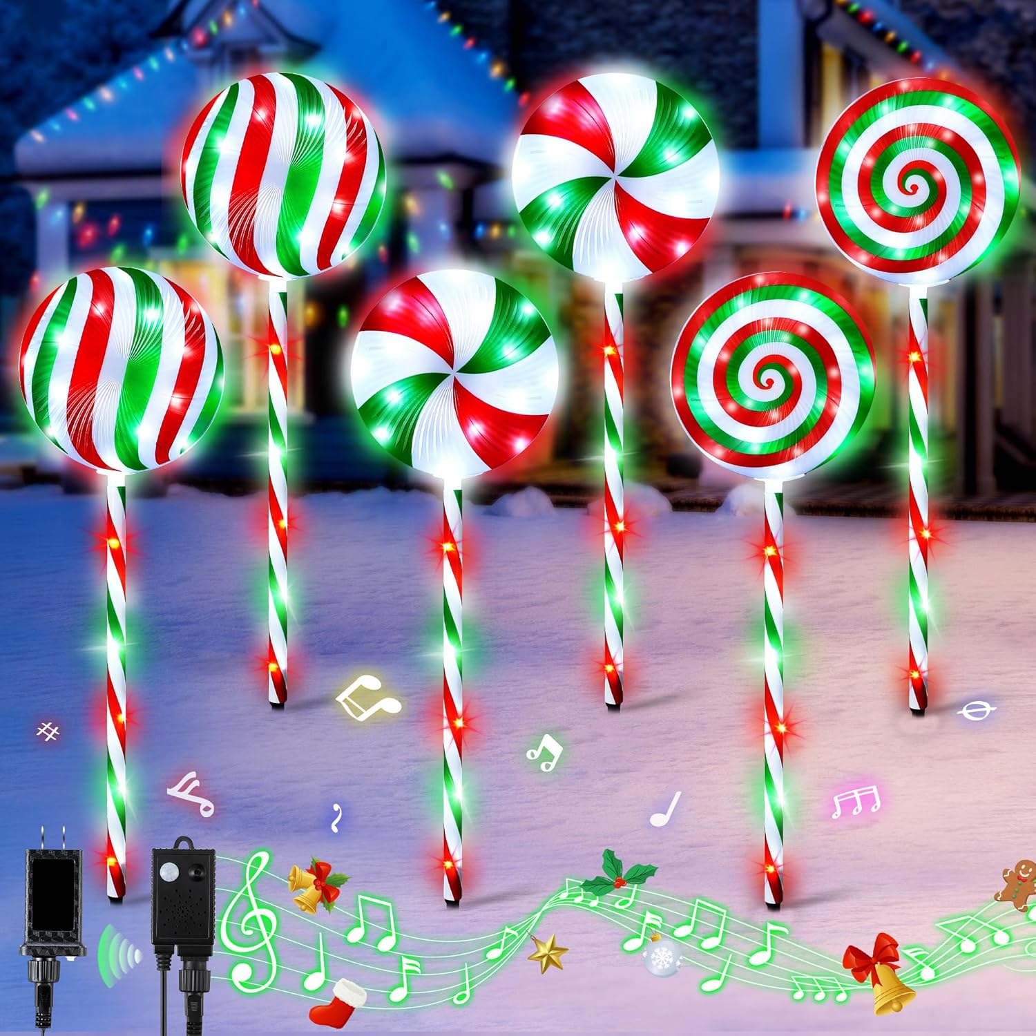 6 in 1 Lollipop Christmas Pathway Lights Outdoor, 29 Inch Peppermint Pathway Markers Lights, Lighted Candy Cane with 5 Modes and Music for Xmas Holiday Patio Yard Garden(Red,White,Green)