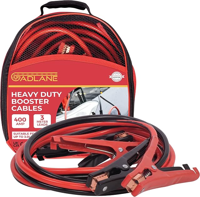 GADLANE 3 Meters Heavy Duty Jump Leads 400 Amp Battery Booster Jumper Cables Colour Coded Clamps For Petrol Diesel Car Van Truck