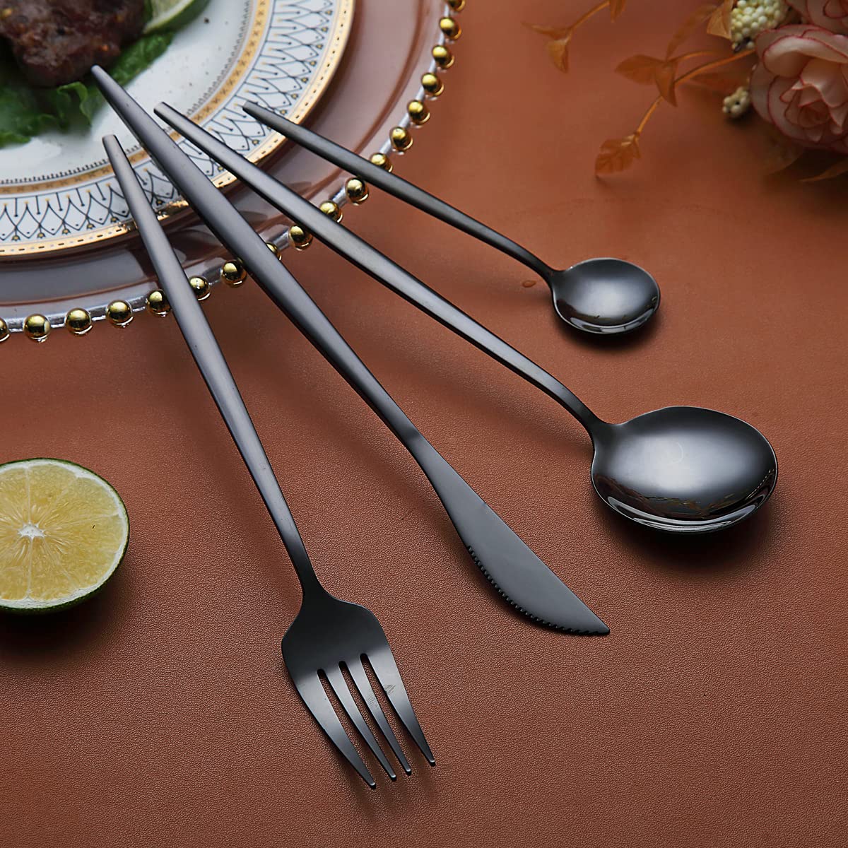 Kyraton Black Cutlery Set 24 Pieces, Stainless Steel Flatware Set, Titanium Plating Black Silverware Set Strong Anti Rust - Image 2