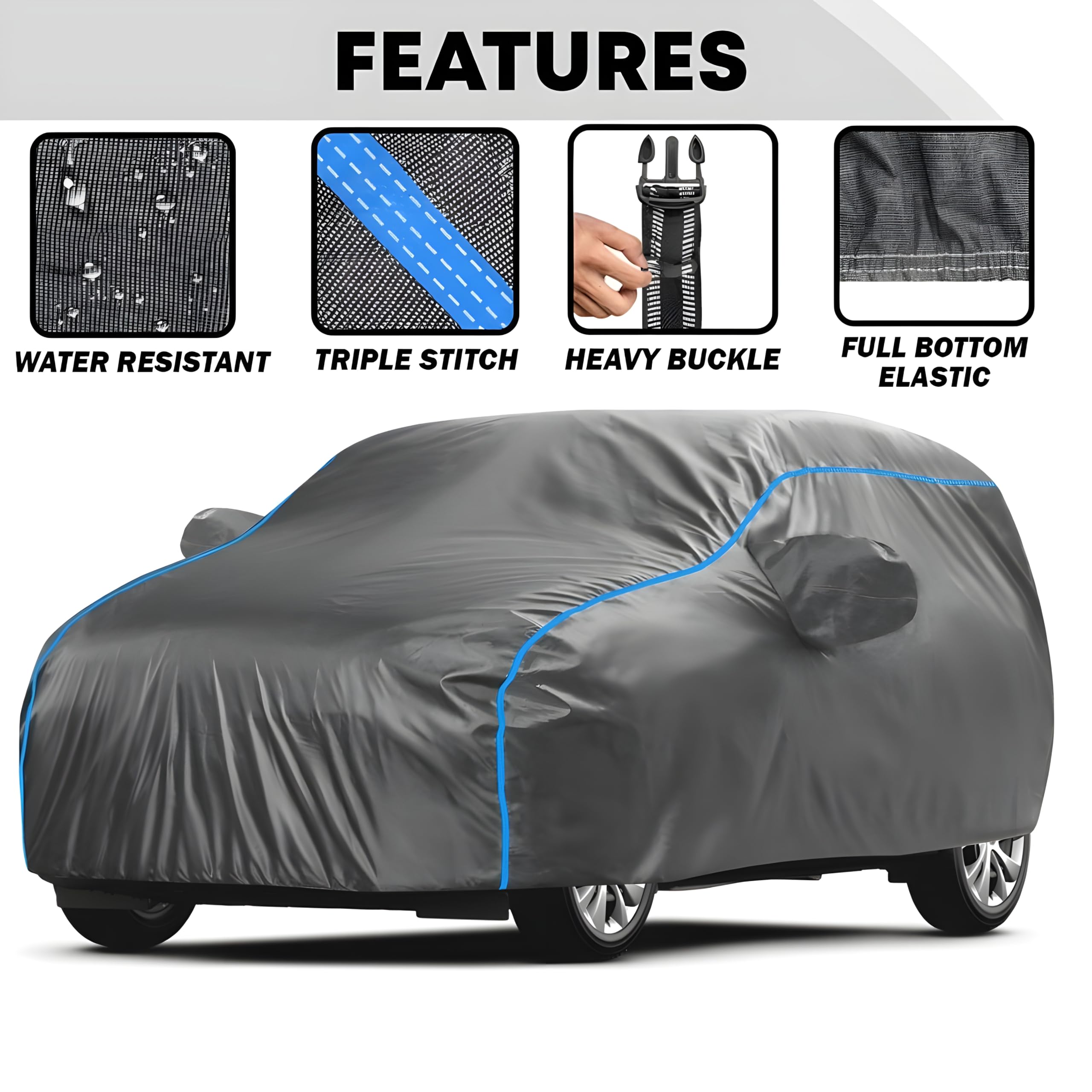 FAVY All-Weather Proof Car Cover for Hyundai Creta | UV, Dust, Scratch, and Water Resistant | Mirror Pockets | Triple-Stitched Design | Windproof Buckle Strap | Elastic Bottom for Secure Fit 1