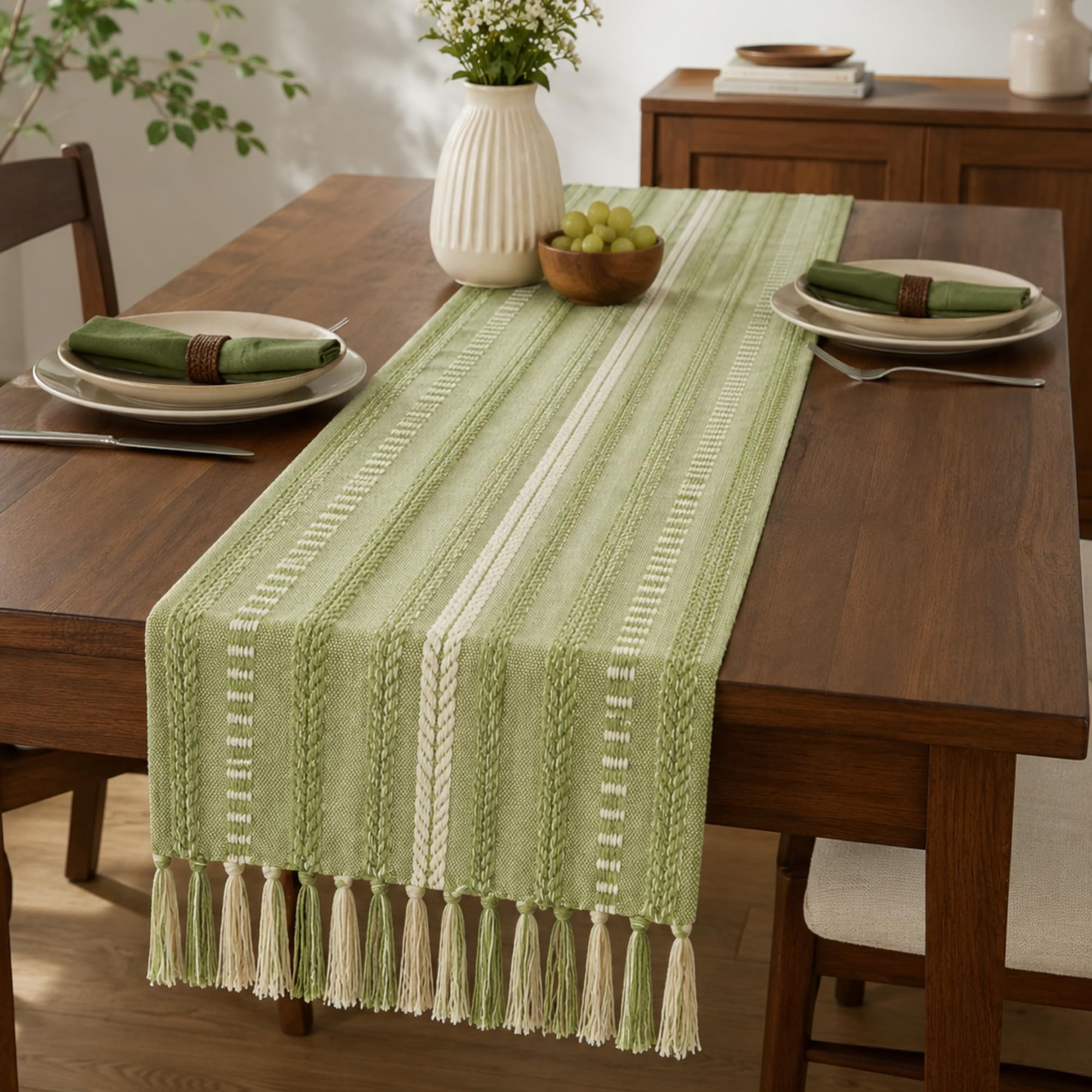 TARANTARAN Green Boho Table Runner with Tassels for Dining Table | Handwoven Cotton Macrame Table Decor for Home-image-2