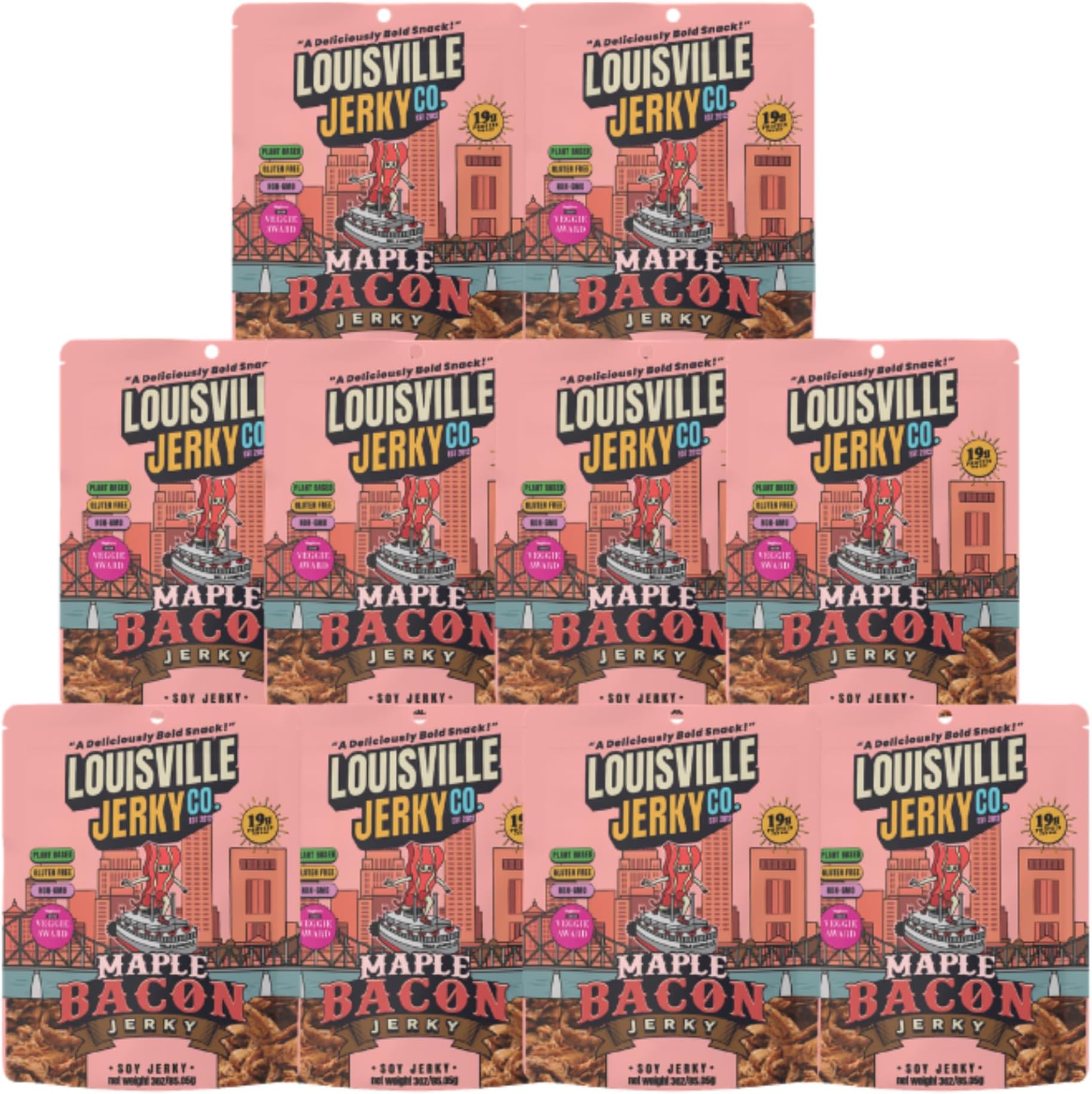 - Louisville Jerky Co. Vegan Jerky Plant-Based Maple Bacon Flavor, High Protein Snack, 3 oz Bags, 10-Pack โ Sweet & Smoky Chewy Texture, Gluten-Free