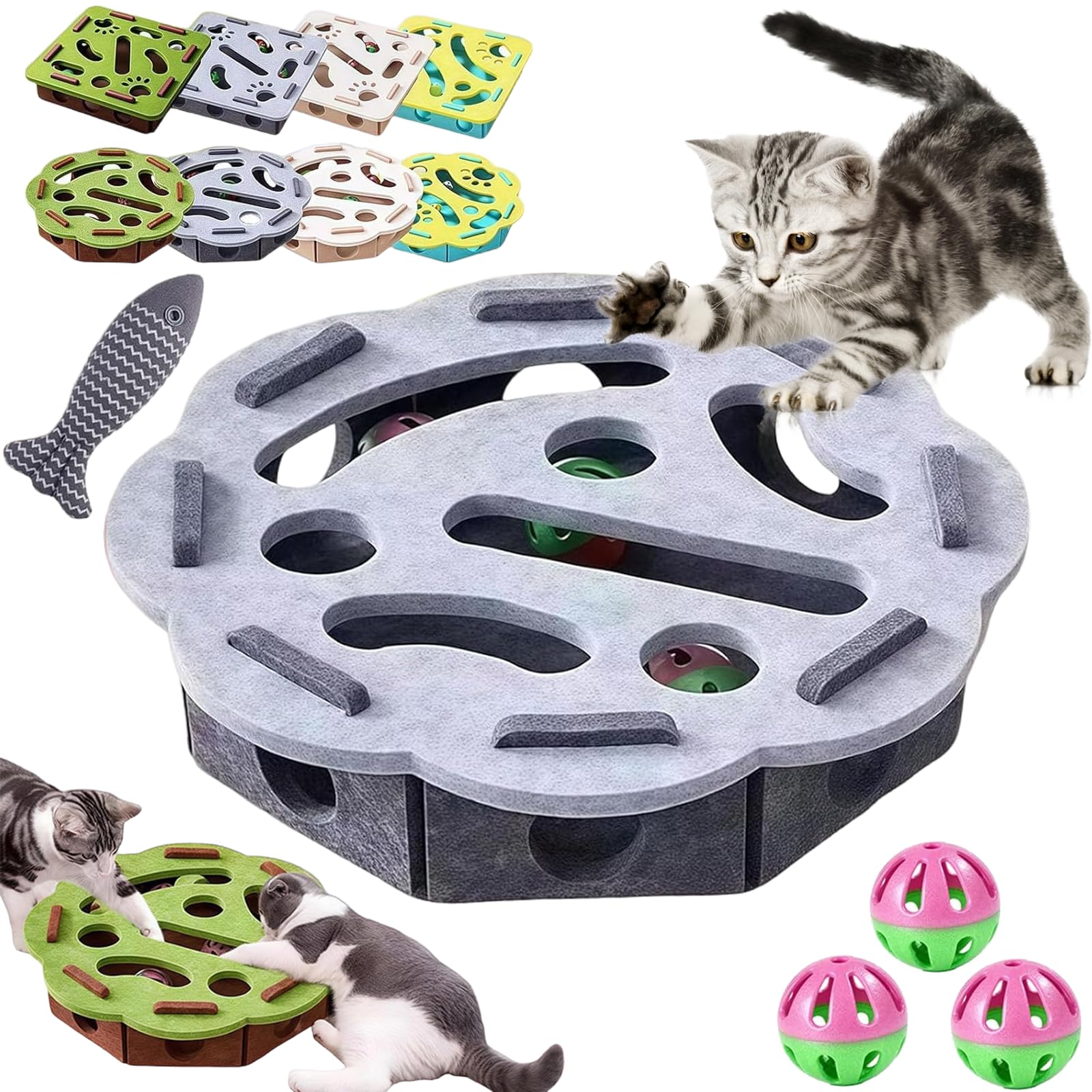 Caja de enriquecimiento de rompecabezas para rascar gatos, caja de lima de uñas de gato con tres bolas de campana y papel de lija en el interior, lima de uñas, alternativa libre de estrés a cortaúñas