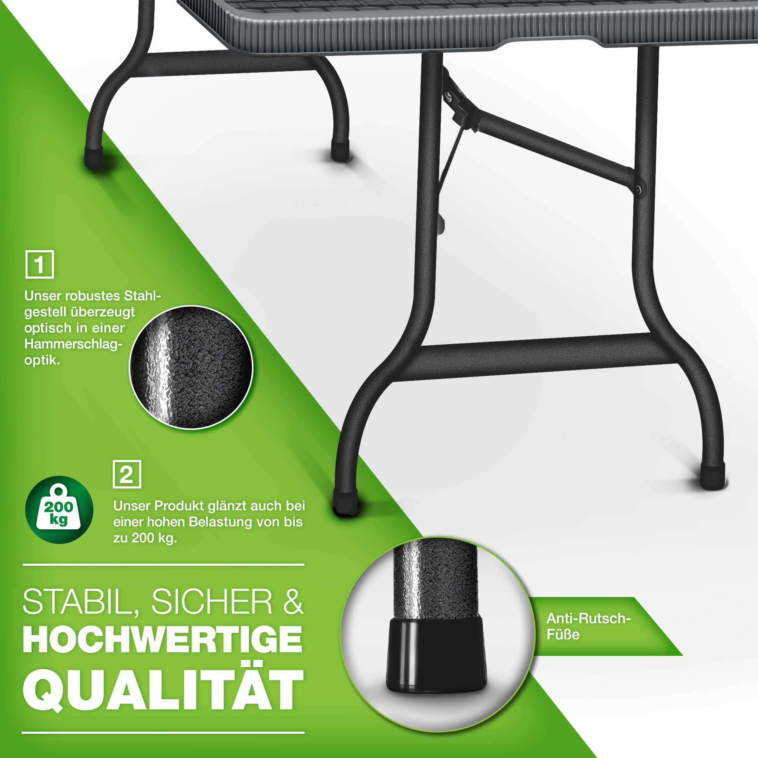 tillvex Gartentisch klappbar Rattan Optik 180x75cm | Buffettisch mit Tragegriff | Klapptisch für Garten Terrasse und Balkon | Campingtisch 6 Personen (Anthrazit)