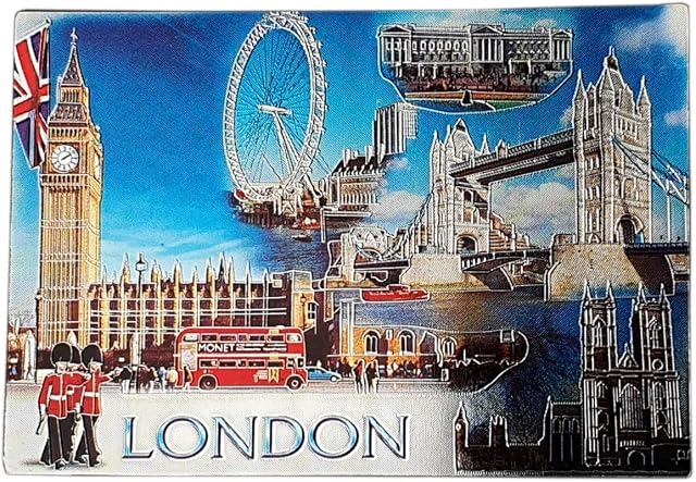 London Photo Collage Foil Fridge Magnet - Blue Sky/Big Ben/Tower Bridge/Westminster Abbey/Red Double-Decker Bus/Royal Guard/Buckingham Palace/Union Jack/British Souvenir from England UK