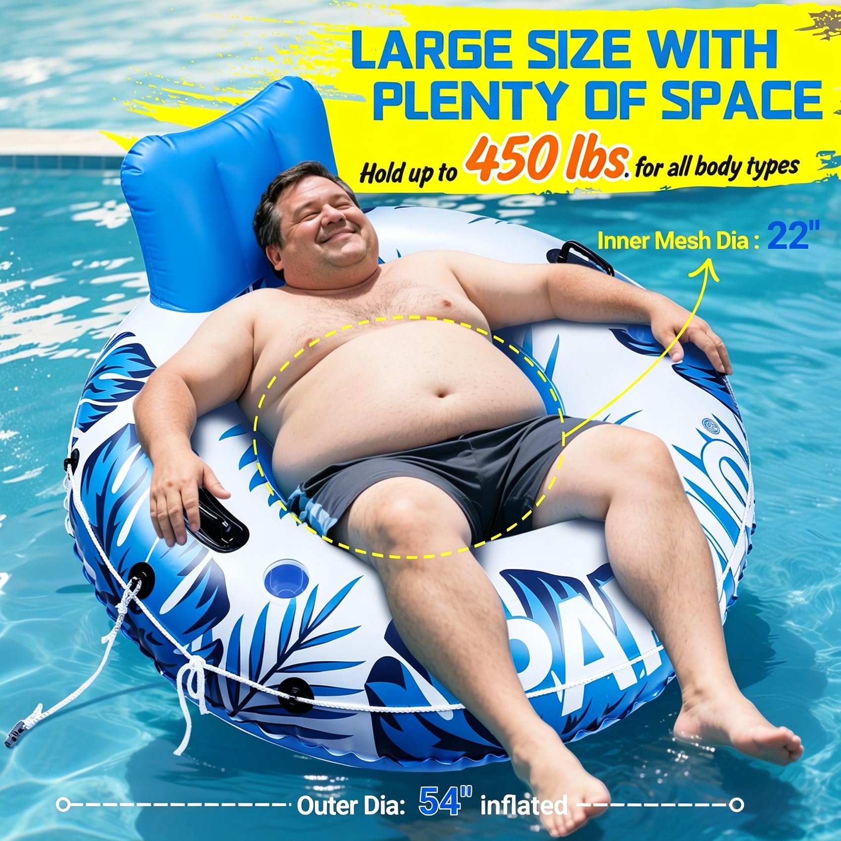 Flotadores de piscina para adultos, 53 pulgadas, 450 libras, tubos de río resistentes para flotar, resistentes con cuerda de agarre para reposacabezas, 2 portavasos y asiento de malla doble sellado