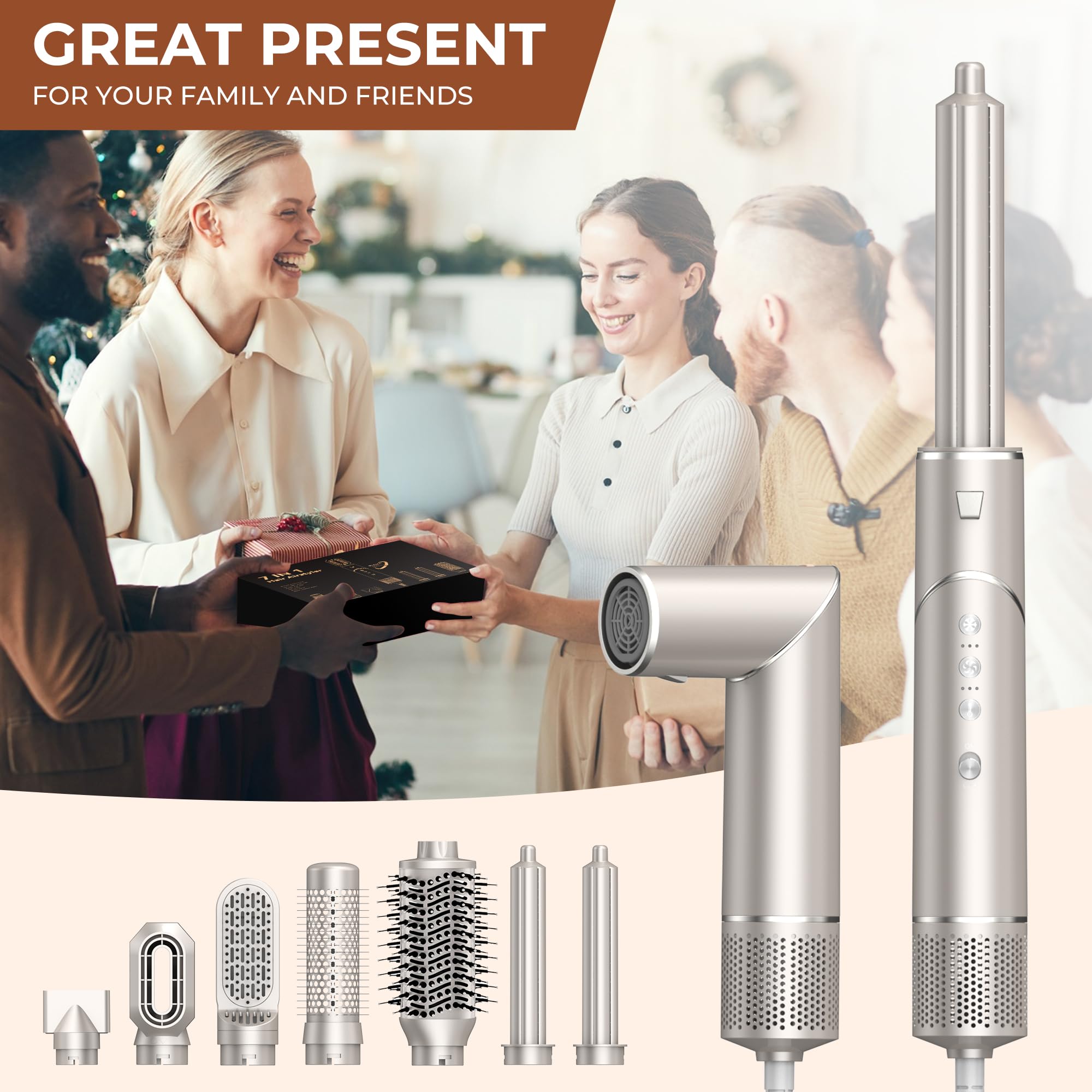 UKLISS 7 in 1 Pro Airstyler & Ionen Föhn [110,000RPM] High-speed Haartrockner Ionen Hair Dryer, mit Heißluft Lockenwickler Thermal Brush Haarglätterbürste Warmluftbürste Föhnbürste, 1200W/Gold