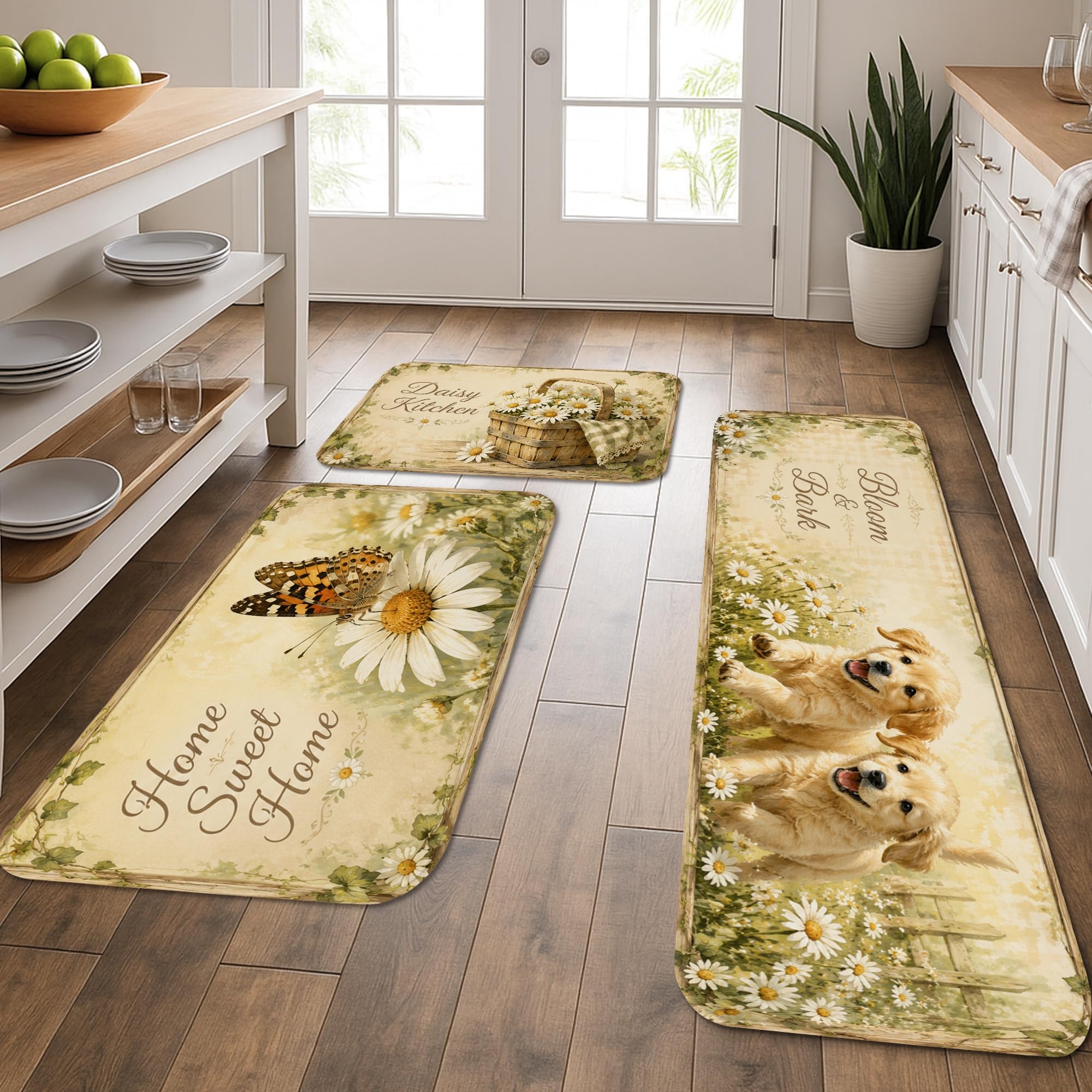 Tapis de cuisine motif papillon chrysanthème vintage doux et lavable lot de 3