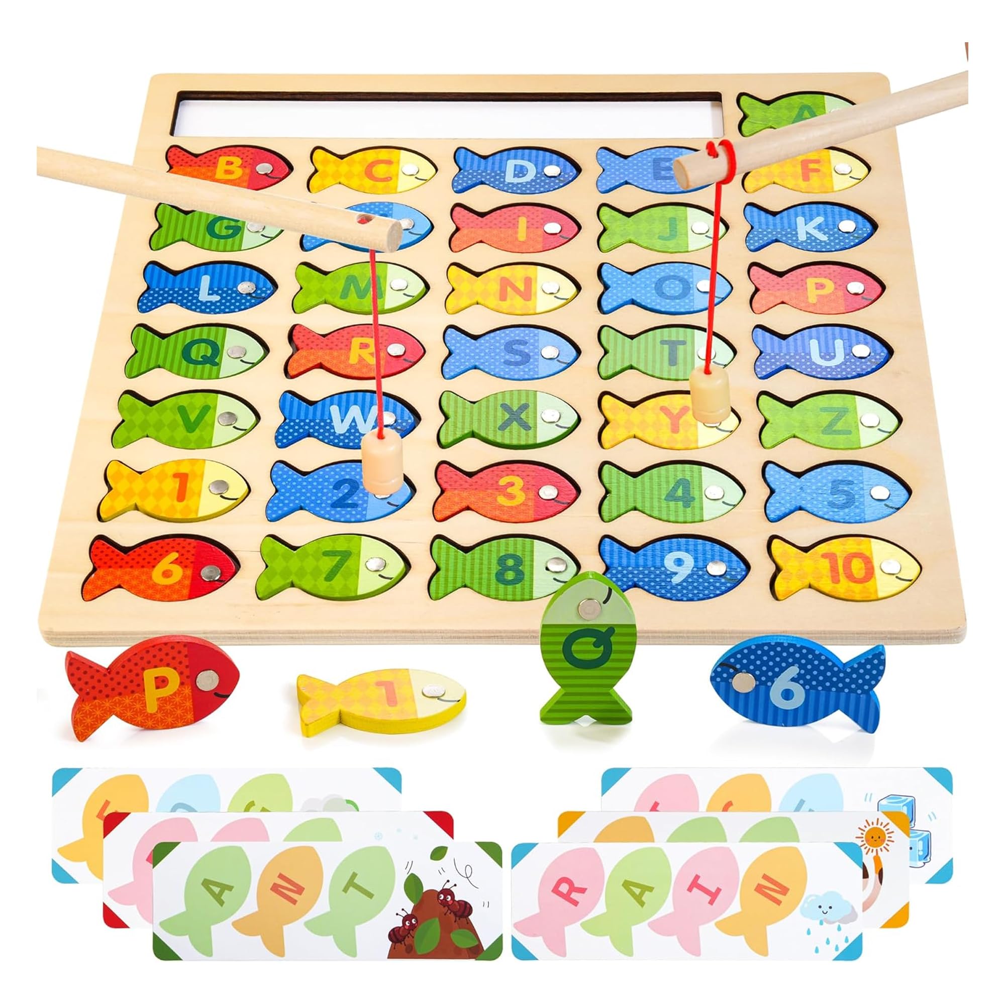 Kidology Wooden Magnetic Fishing Game & Montessori Alphabet Puzzle, Fun Educational Toy for Toddlers with Letters, Numbers, Word Cards, Fish Catching Activity, Perfect for Developing Motor Skills-image-10