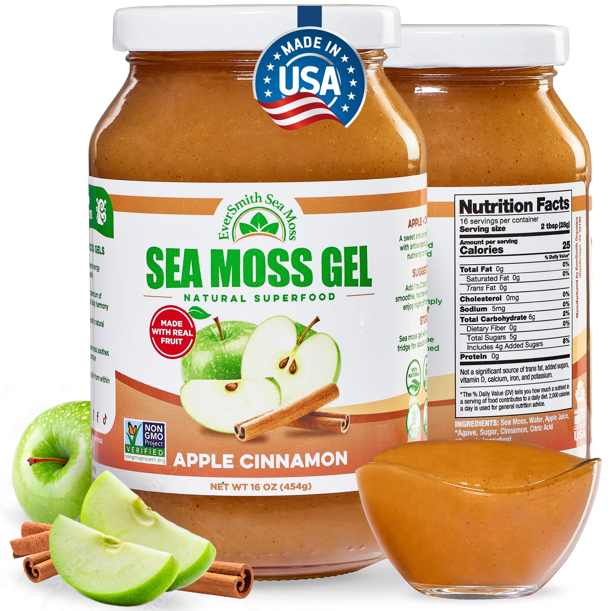 EverSmith Organics - Wildcrafted Irish Sea Moss Gel | Made in USA | Rich in Vitamins & Minerals | Sea Moss Gel Raw | Nutritional Supplement | Apple (16 oz)