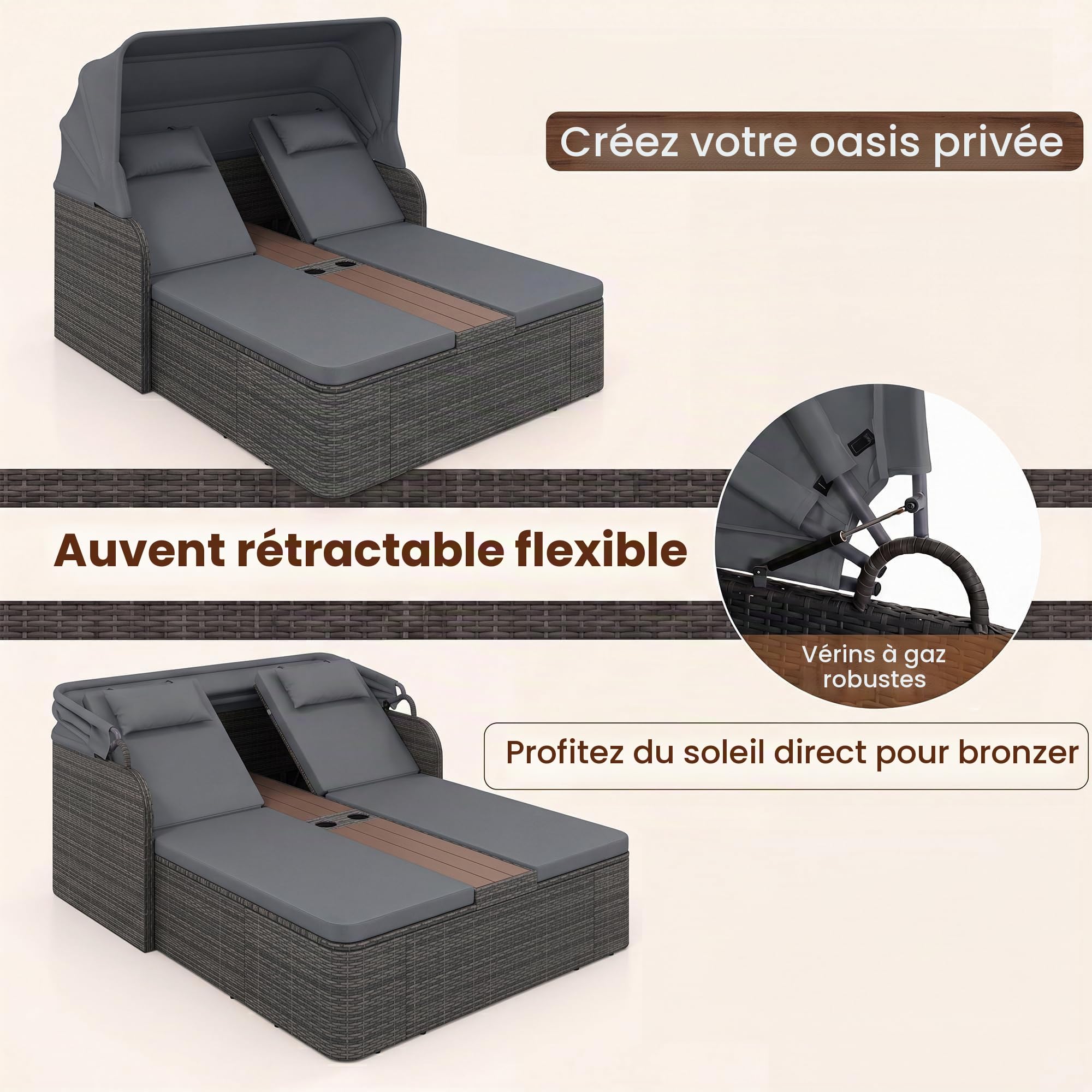 LIFEZEAL Méridienne d'Extérieur en Rotin, Lit de Repos Double en Rotin, avec Hauteur du Dossier Réglable sur 5 Positions, Auvent Rétractable, Appui-Tête, pour Jardin (Gris)