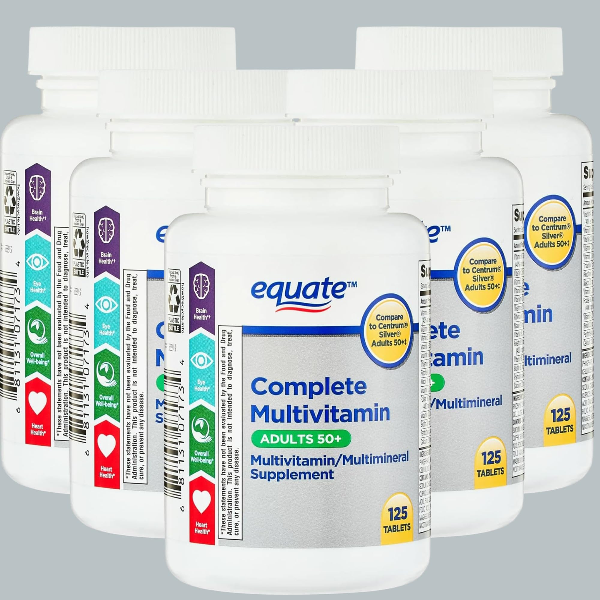 Equate Adult 50+ One Daily Complete Multivitamin Multimineral Supplement Tablets, Healthy Brain* - Compare to Centrum Silver, 125 Pills (Pack of 1)