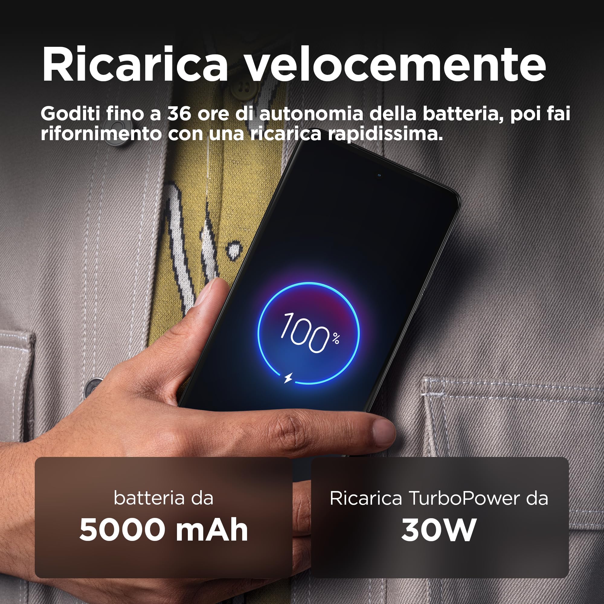 moto g75 5G (8/256GB, display 6.78" FHD+ 120Hz, 50MP+8MP+Sensore antisfarfallio, Qualcomm Snapdragon 6 Gen 3, selfie 16MP, 5000mAh, ricarica rapida 30W, Android 14), Charcoal Grey