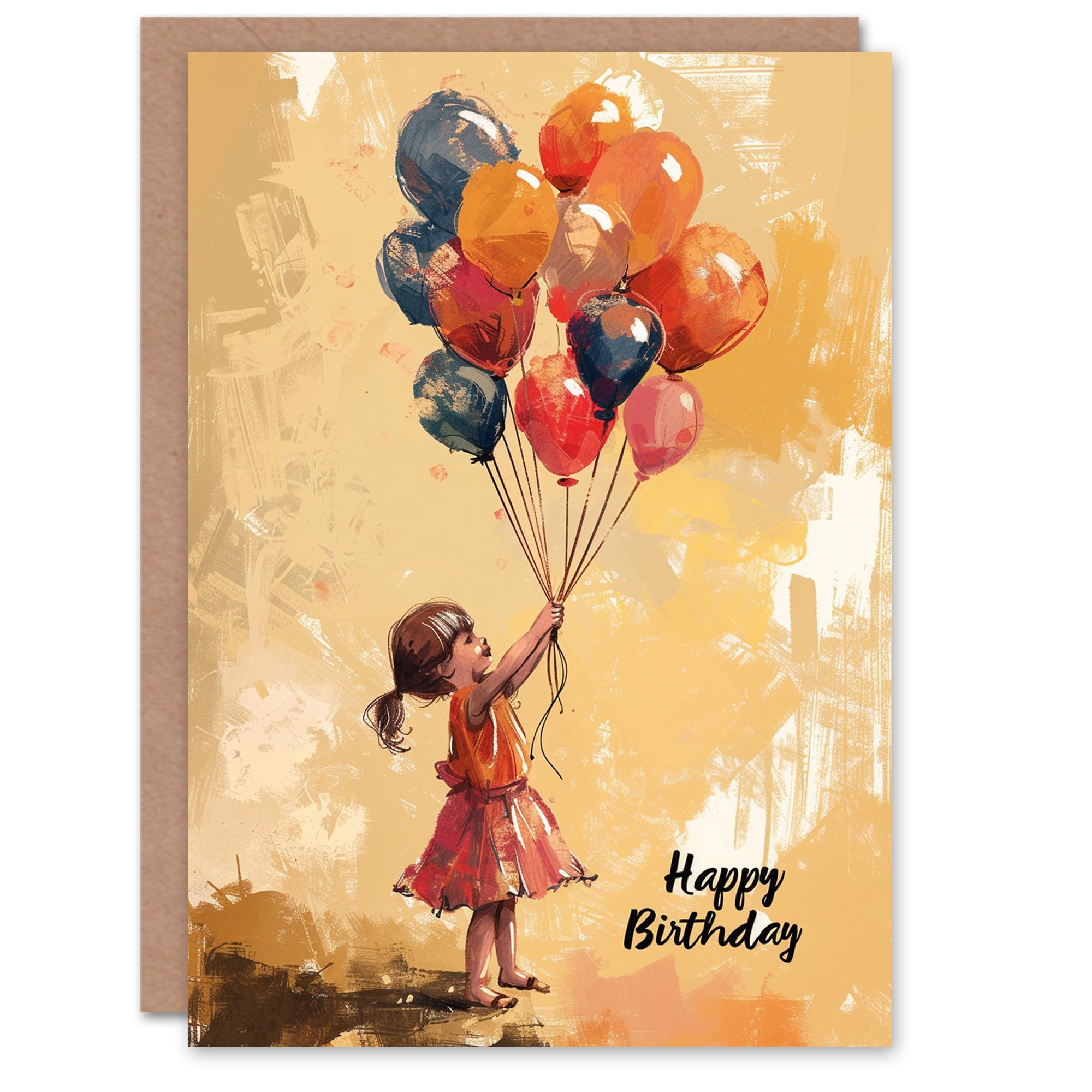 Artery8 Birthday Card Cute Little Girl Holding Balloons Oil Painting For Her Gran Sister Niece Daughter Wife Woman Greeting Card