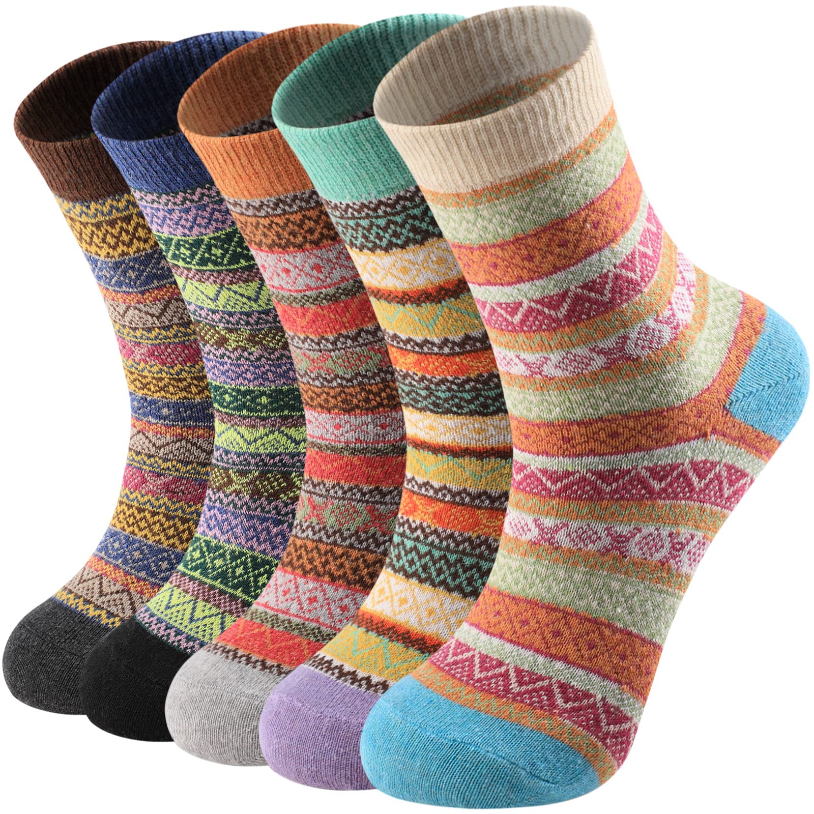 Wool Socks - 5 Pairs Socks Women, Breathable Thermal Socks, Thick Ladies Socks for Home Office School Hiking, Ideal Christmas Gifts, 5 Different Vintage Colour Design