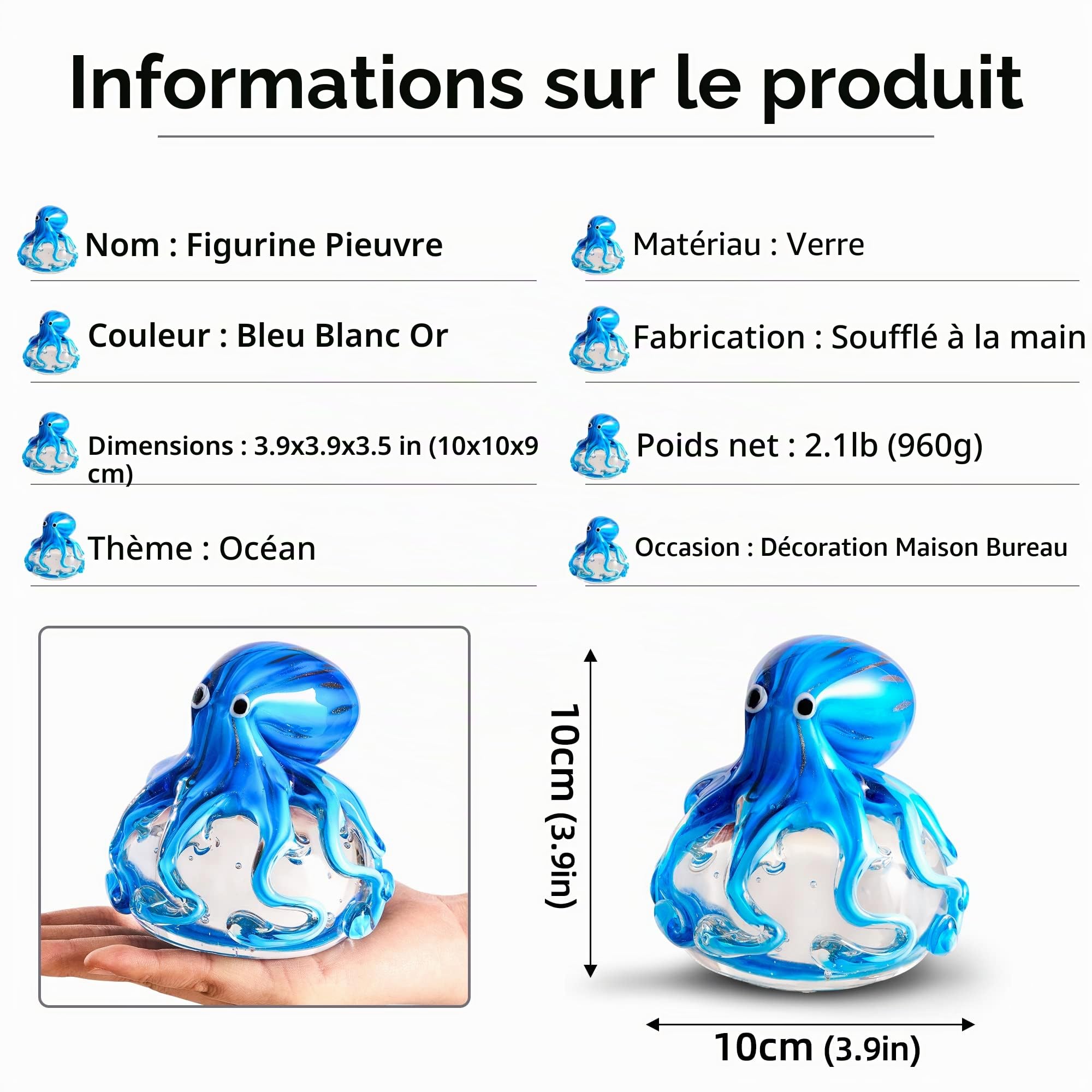 EUSTUMA Figurine Pieuvre en Verre soufflé à la Main, Ornement Marin pour Aquarium, Presse-Papier
