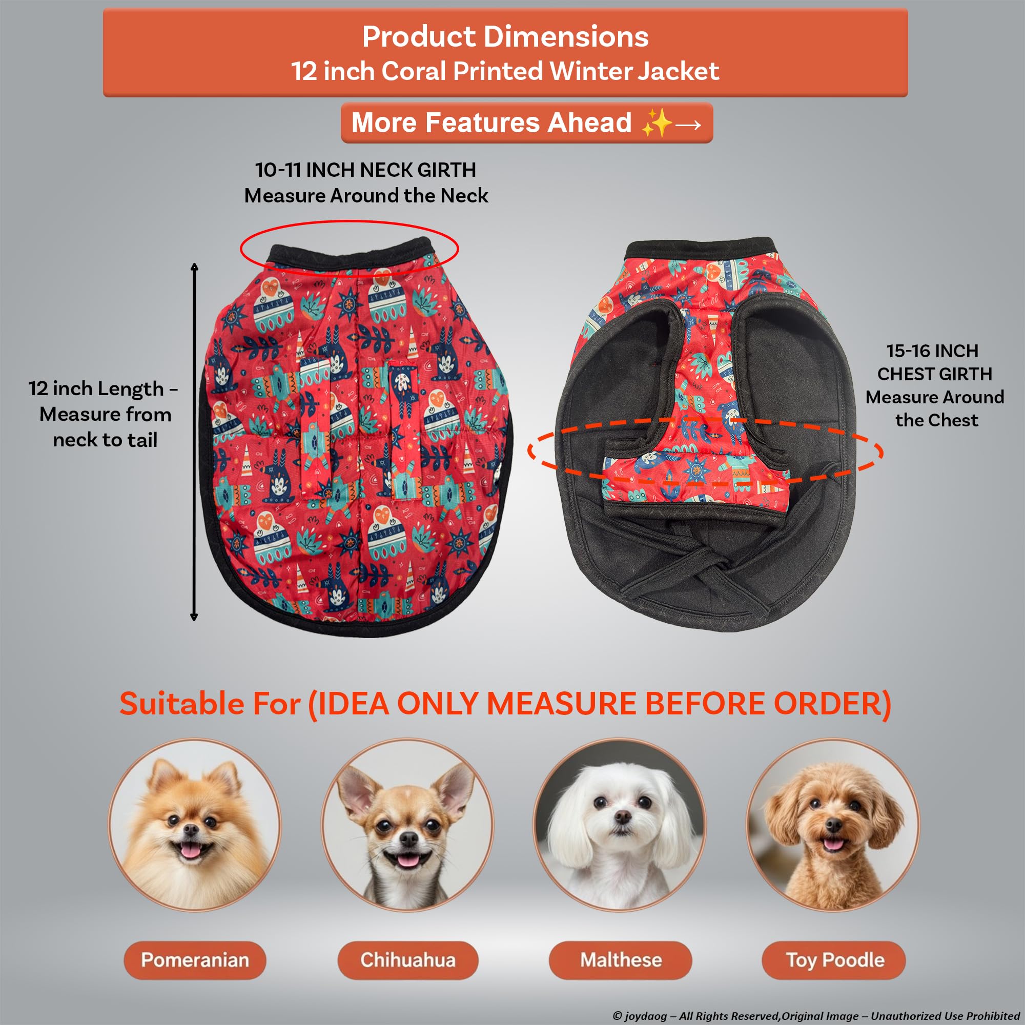 Winter Cozy Dog Jacket 12 Inch (XXS) - Coral Holiday Print, Lightweight Warm Dog Coat, Easy Fit Strap Design Ideal for Cold Weather Suitable for: Toy Breeds & Small Size Dogs 1