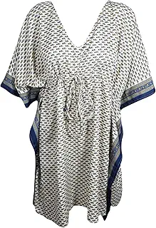 Mogul Interior Womens Off-White Caftan Dress Printed Beach Wear Summer Dresses OneSize