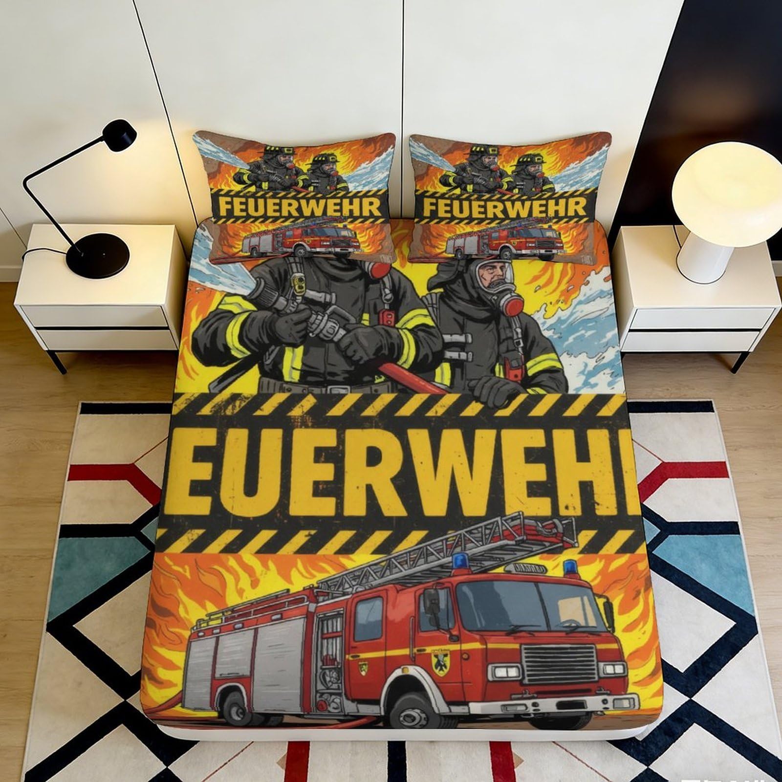 3D Printed Firefighter Scene Fitted Sheet Microfiber Soft Breathable Fire Truck Bed Cover for Bedroom Dorm Decor 90x200x25cm