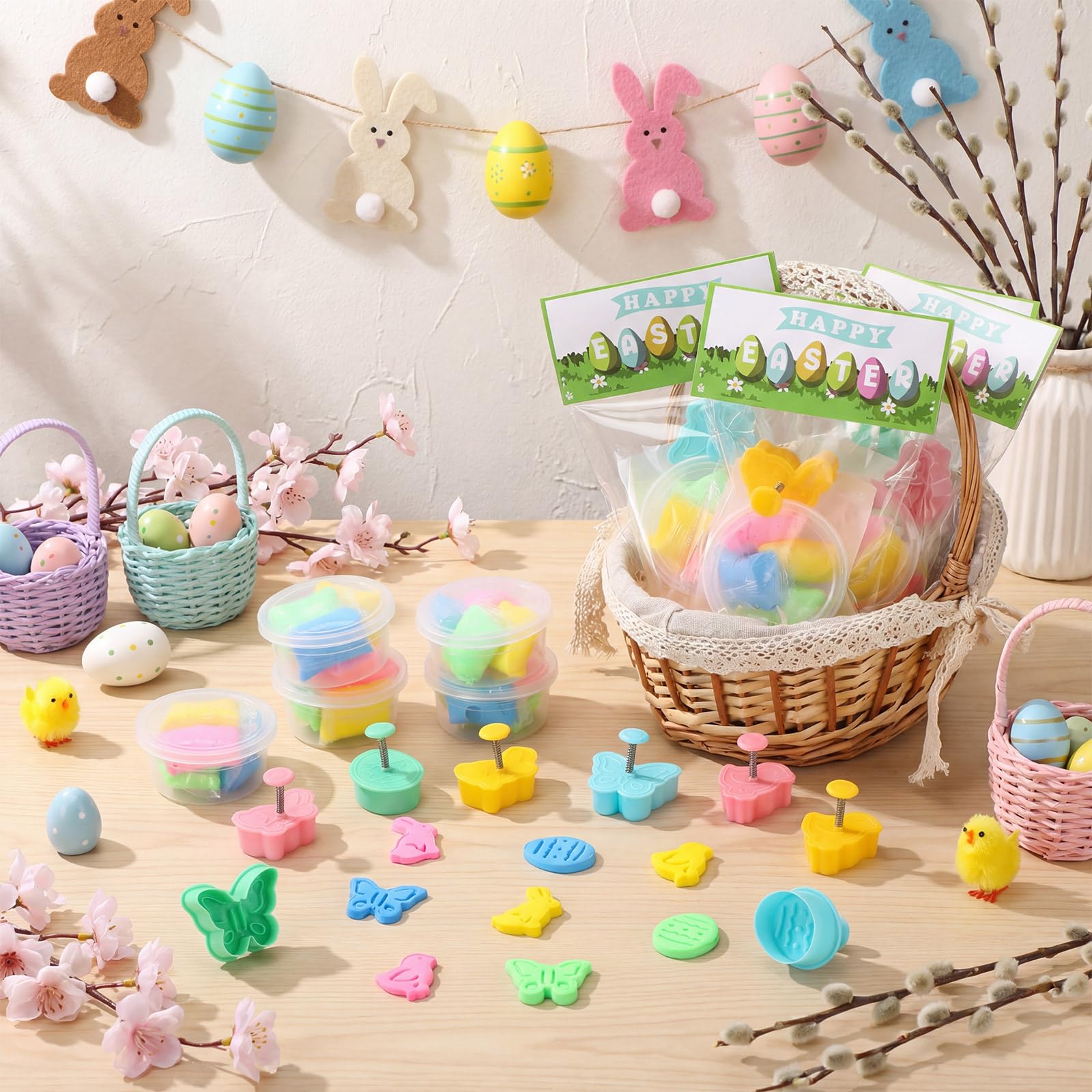 24 set di argilla secca all'aria, kit fai da te, coniglietto, pulcino, uova e farfalle, argilla con biglietti di auguri, regalo per feste di Pasqua, cestini, riempitivi per attività