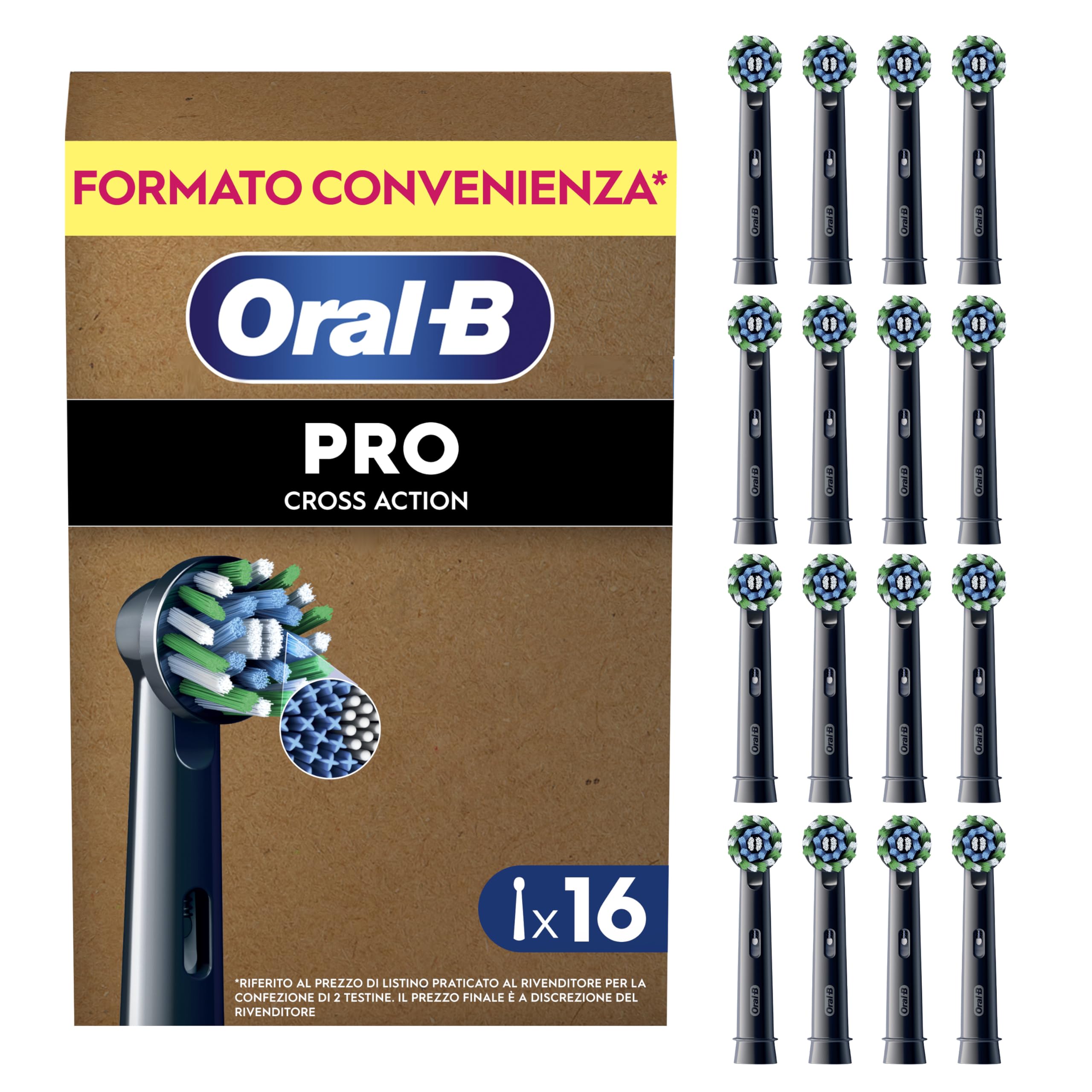 Oral-B Testine di Ricambio, Cross Action, Nere, 16 Ricambi | 16 Testine di Ricambio per Spazzolino Elettrico, Autentiche, Setole Angolate si Adattano a ogni Dente per Pulizia Profonda