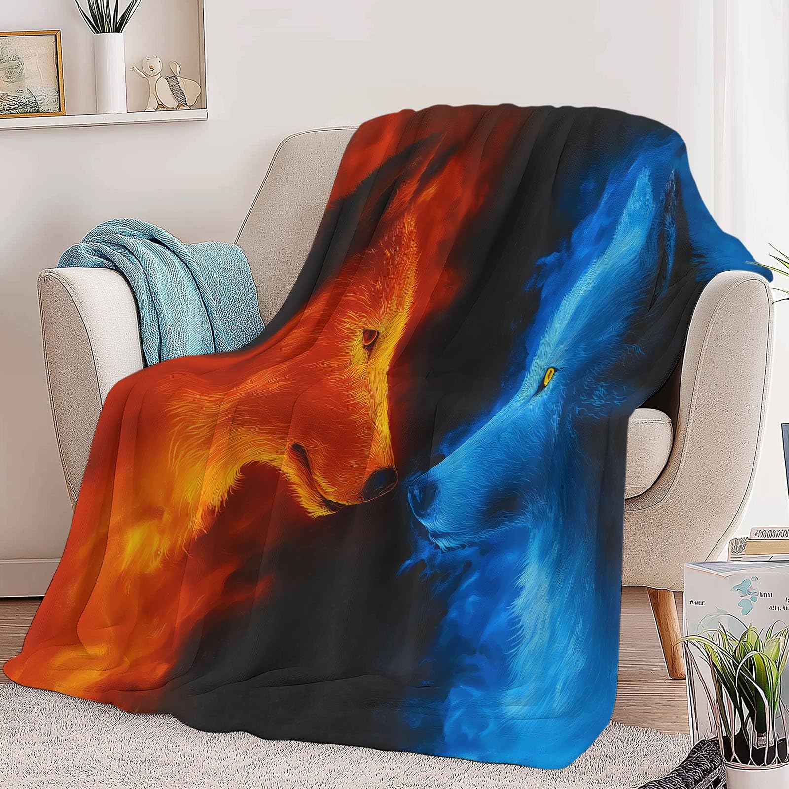 Générique Koc dla dorosłych i dzieci 200 x 200 cm, miękki koc flanelowy z nadrukiem fantastyczny lodowy wilk ogień - narzuta na sofę nadaje się do utrzymania ciepła zimą