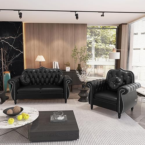 Miniatura 10 de AVZEAR 82" Sofá de tres plazas de cuero, sofá Chesterfield, sofá tapizado en PU de estilo moderno de mediados de siglo, sofá de sala de estar con