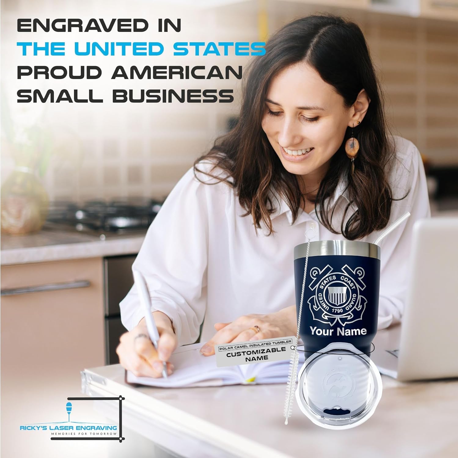 Custom United States Coast Guard Travel Cup-Mug for Men & Women, Polar Camel Navy Blue 30 oz. Vacuum Insulated Stainless Steel Tumbler with Clear Lid, Stainless Steel Straw, and Straw Cleaner