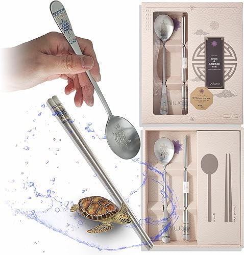 Miniatura 7 de Hecho en Corea Holograma Tortuga Diseño Mesa Coreana Cuchara de arroz pegajosa y palillos Palillos planos de acero inoxidable 304 Superficie mate