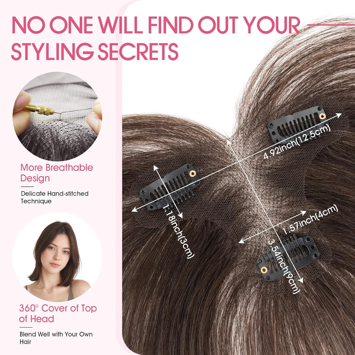 Hairro Human Hair Toppers with Side Bangs, 3D 360° Seamless Real Hair Toppers, Hand-Tied with 3.5"x4.7" T-shaped Base, Clip-In Hairpieces to Add Volume on Top, 11 Inch Dark Brown