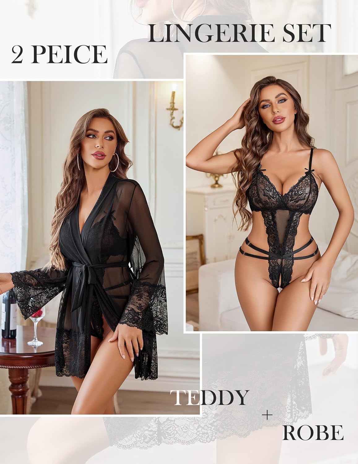 Avidlove Sexy Womens Lingerie Set 2 Piece Lace Teddy with Robe Mesh Bodysuit Nightgown - Image 5
