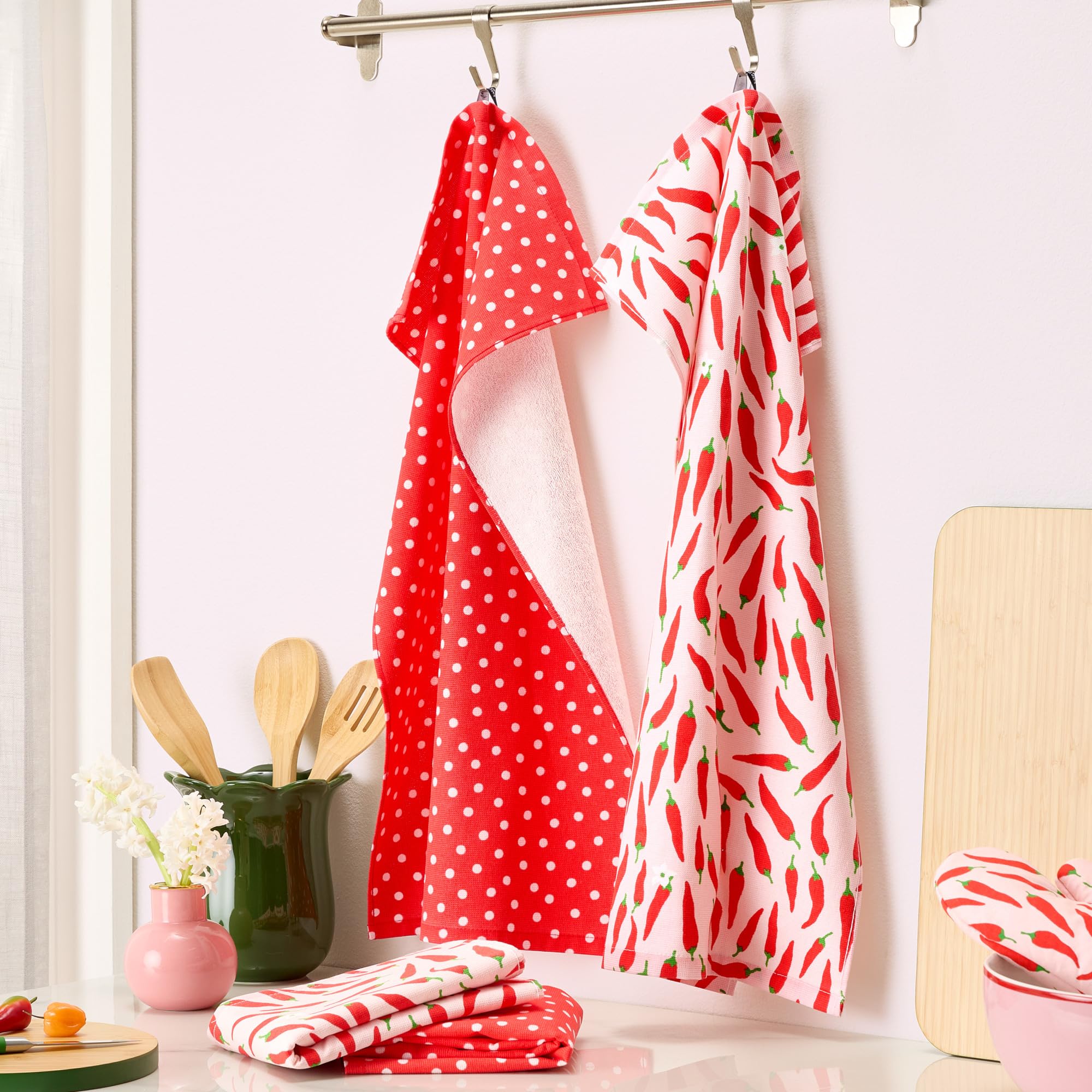 Kate Spade New York Lot de 4 torchons de Cuisine absorbants, 100% Coton, Rouge/Rose, 43,2 x 71,1 cm