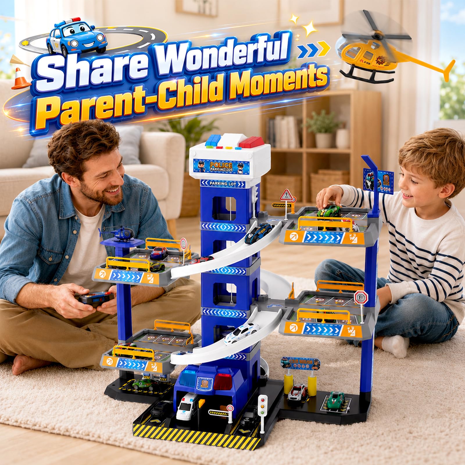 5 piani Garage per Bambini con Luci e Suoni, Parcheggio per Bambini con Ascensore, Giocattolo Garage Auto con Polizia, 14 Auto e 1 Elicotteri, Regali per Bambini 5-9 Anni, Blu