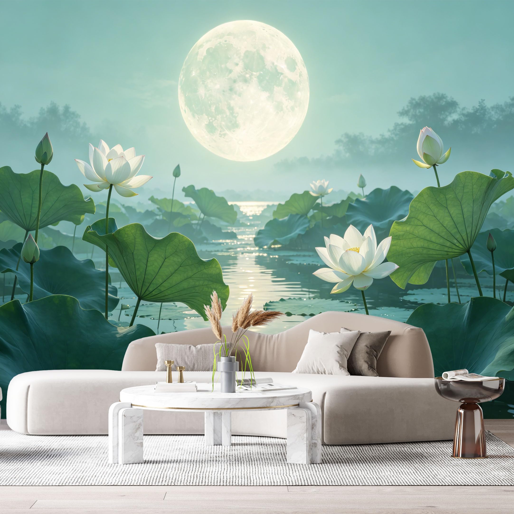 Custom Size Wall Murals Moonlight Lotus Pond Landscape Watercolor Reflection SelfAdhesive Wall Fabric Removable Large Wallpaper for Photo Living Room