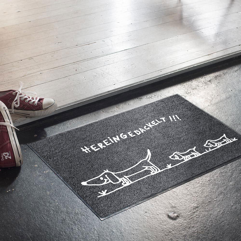 Salonloewe Fußmatte Dackel-Familie hereingedackelt, Anthrazit, 50x75 cm - Waschbar, rutschfest, Für Innen und Außen - Schmutzfangmatte, Trocknergeeignet