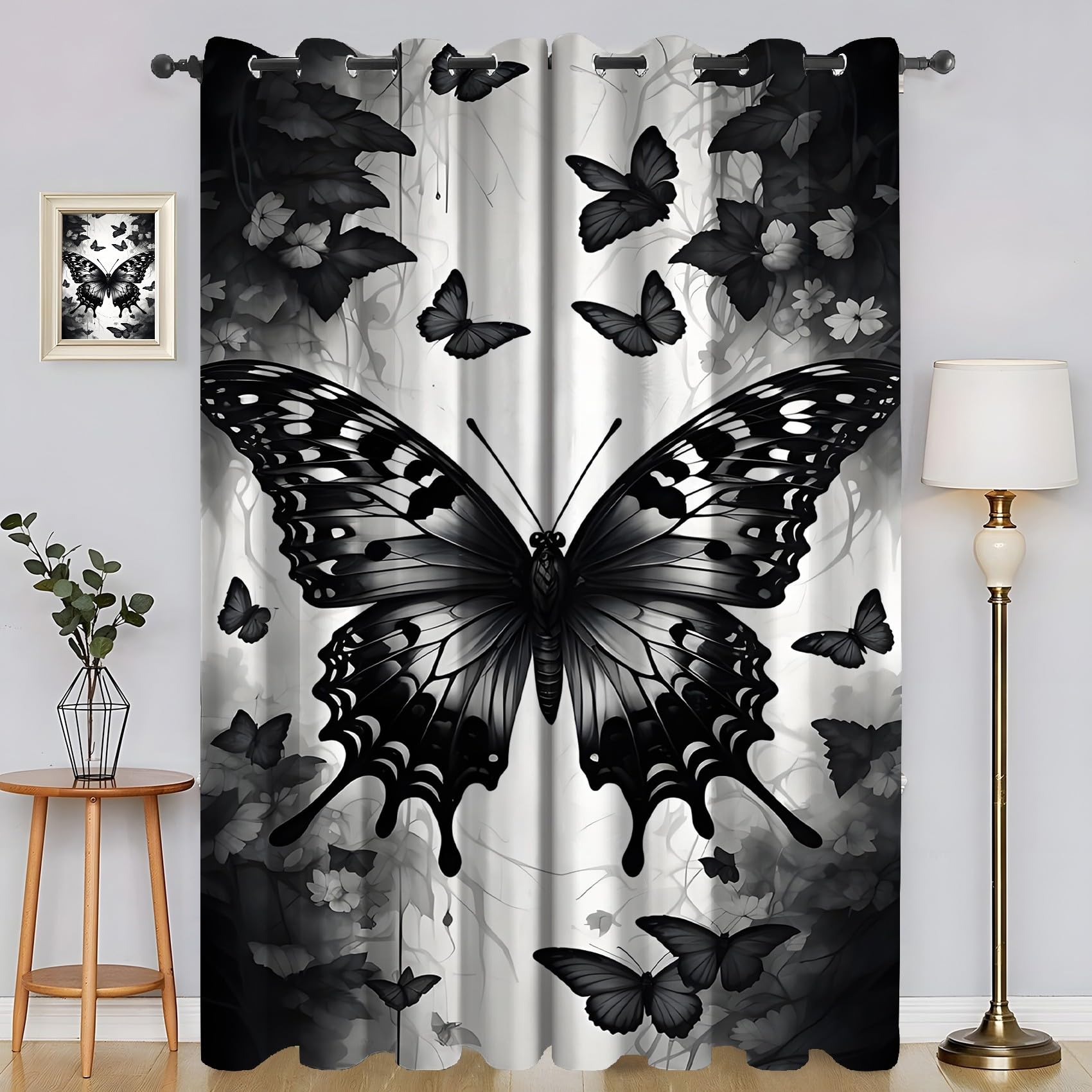 Generisch Vorhang Schwarzes Seebett Blickdichte Vorhänge, Graue Blumen Verdunklungsvorhänge Gardinen Thermo Vorhänge Blackout Curtain für Schlafzimmer Wohnzimmer H215 x B110 cm (2er Pack) SA779