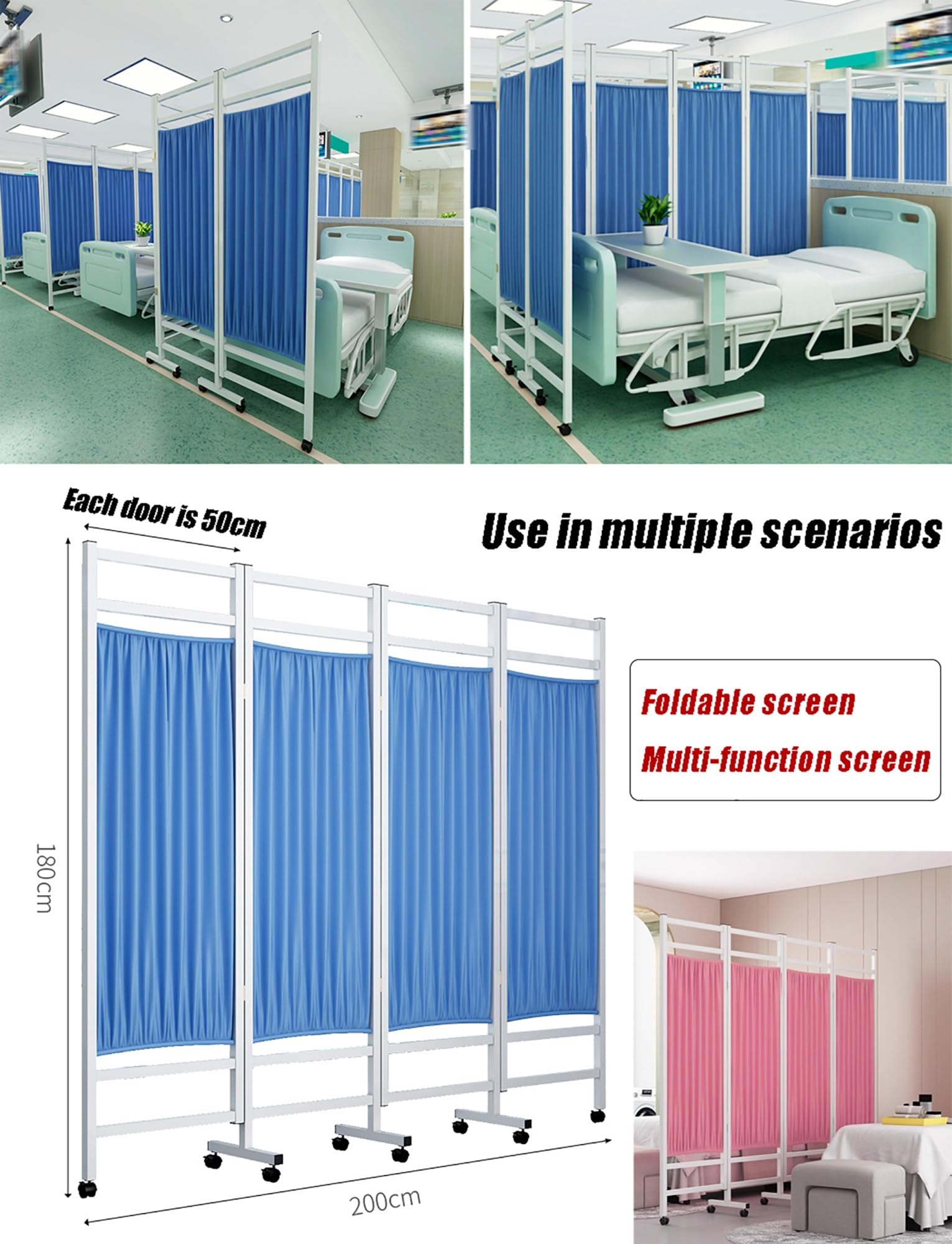 Medyczne ekrany prywatności, kompaktowa i składana konstrukcja toczenia z cichymi kółkami do szpitali, klinik i domów opieki