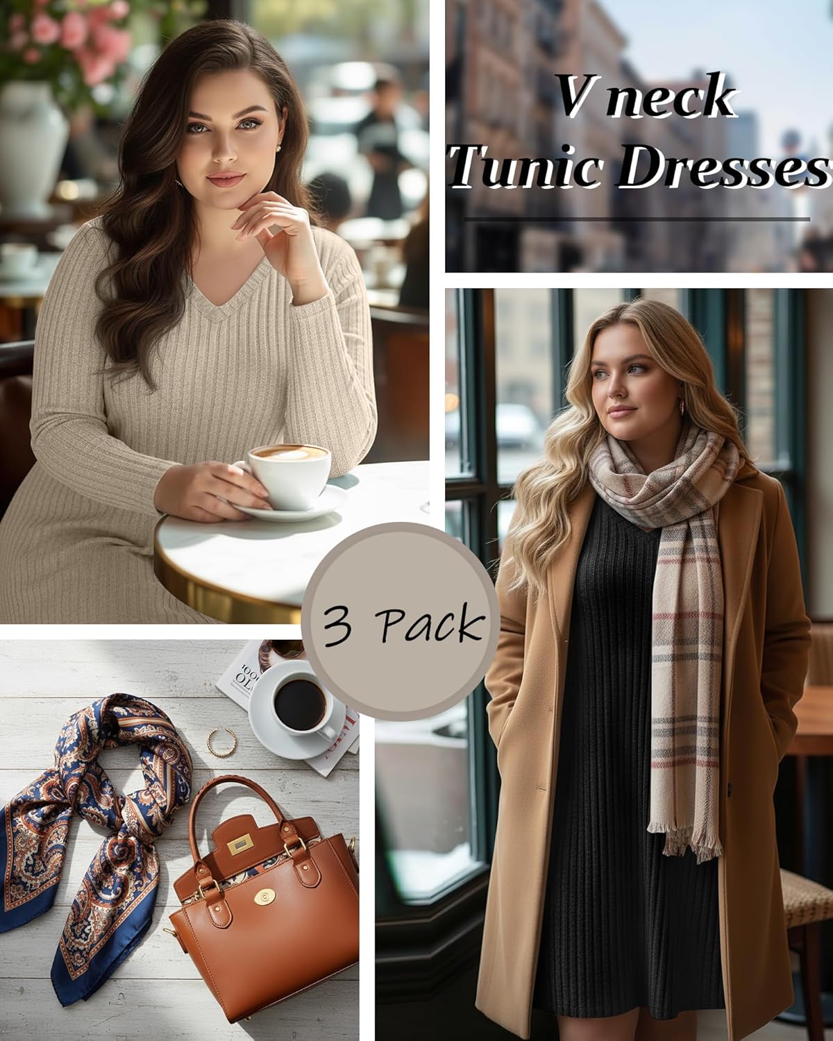 3 Pack Women's Plus Size Dresses Long Sleeve V Neck Ribbed Sweater Loose Casual Lighweight Dress for Curvy Women - Image 4