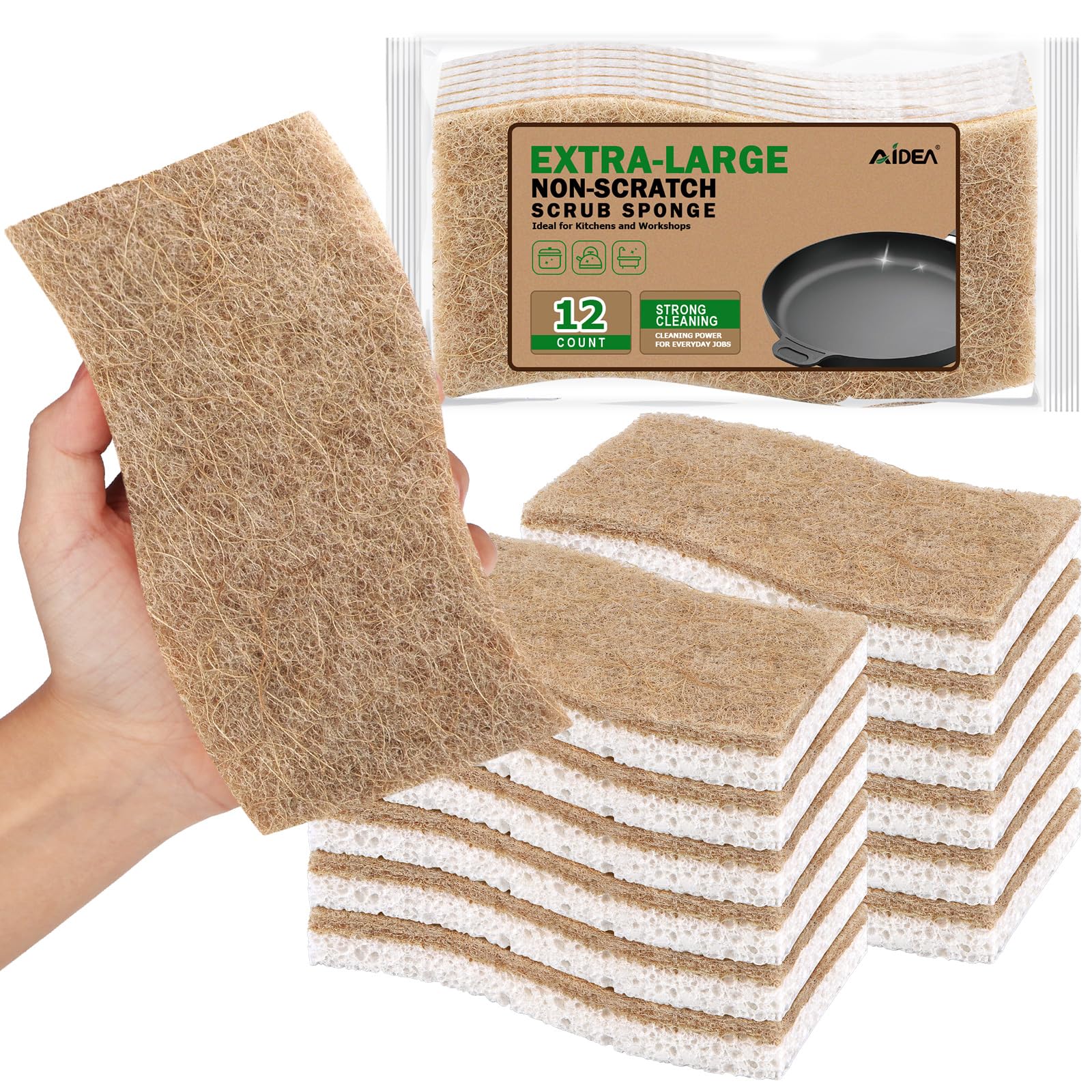 AIDEA XL Sponges Kitchen, 12Count, Non-Scratch Dish Sponges, Large Natural Sponge for Non Stick Cookware, Cellulose Cleaning Sponge for Dishes, Bathroom, Household