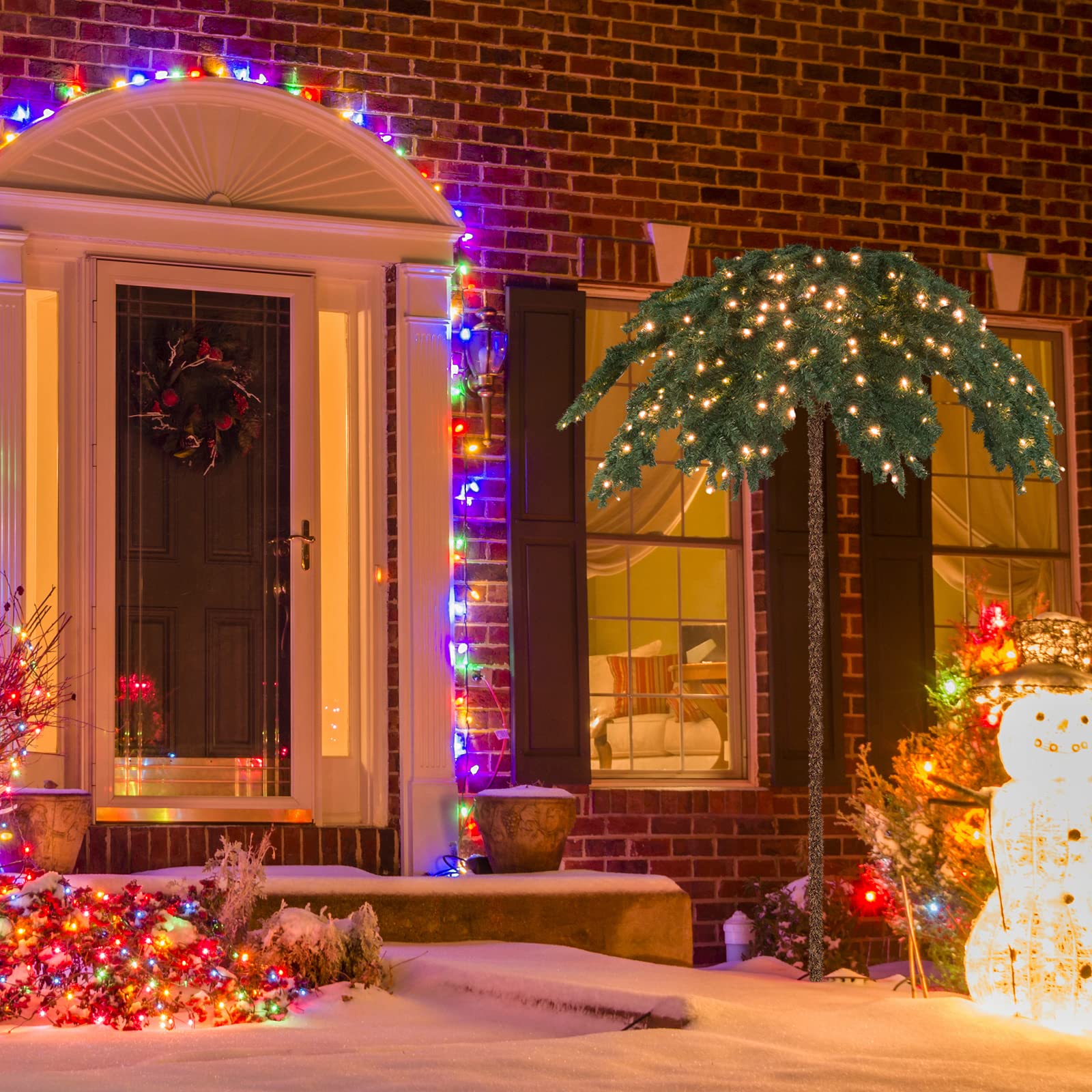 COSTWAY Sapin de Noël Artificiel de 180 cm, Palmier de Noël Pré-Illuminé avec 250 Lumières LED Blanc Chaud, 813 Branches, Structure à Charnière, Support, pour Porche, Maison