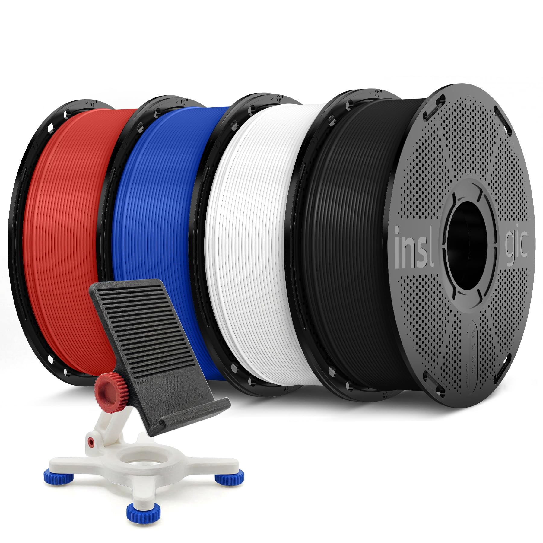 Inslogic Wstępnie wysuszony filament PETG Pro 1,75 mm, mata o dużej prędkości PETG Pro, pasuje do większości drukarek FDM 3D, pakiet 4 kg (czarny + biały + niebieski + czerwony)