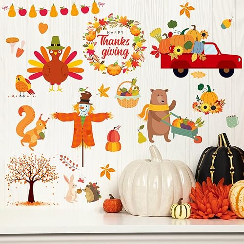 77 calcomanías de pared de otoño de Acción de Gracias, hojas de arce, calcomanías de pared de calabaza de otoño para ventana, camión naranja, pavo,