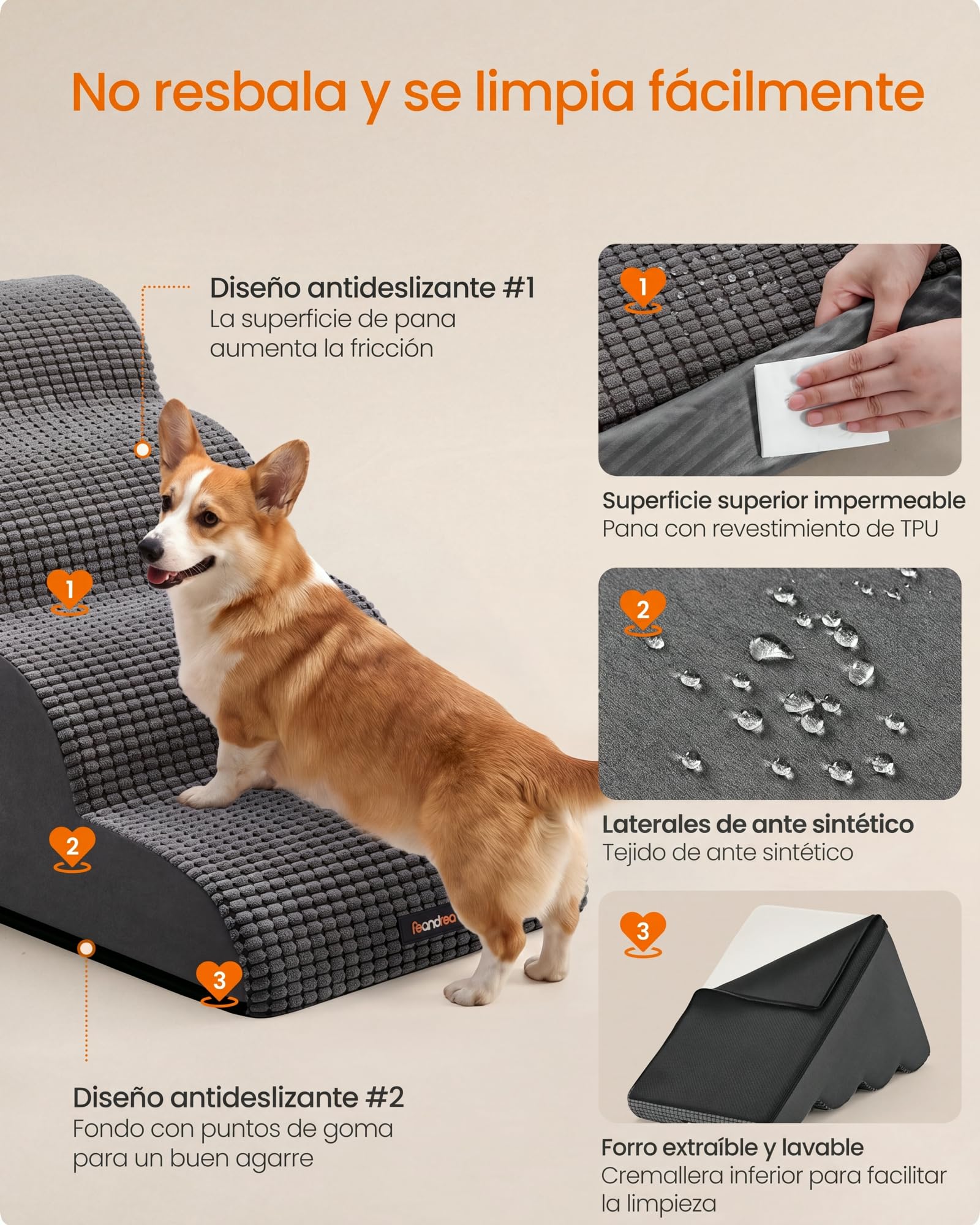 Feandrea Escalera para Perros, Rampa, 4 Escalones, Espuma