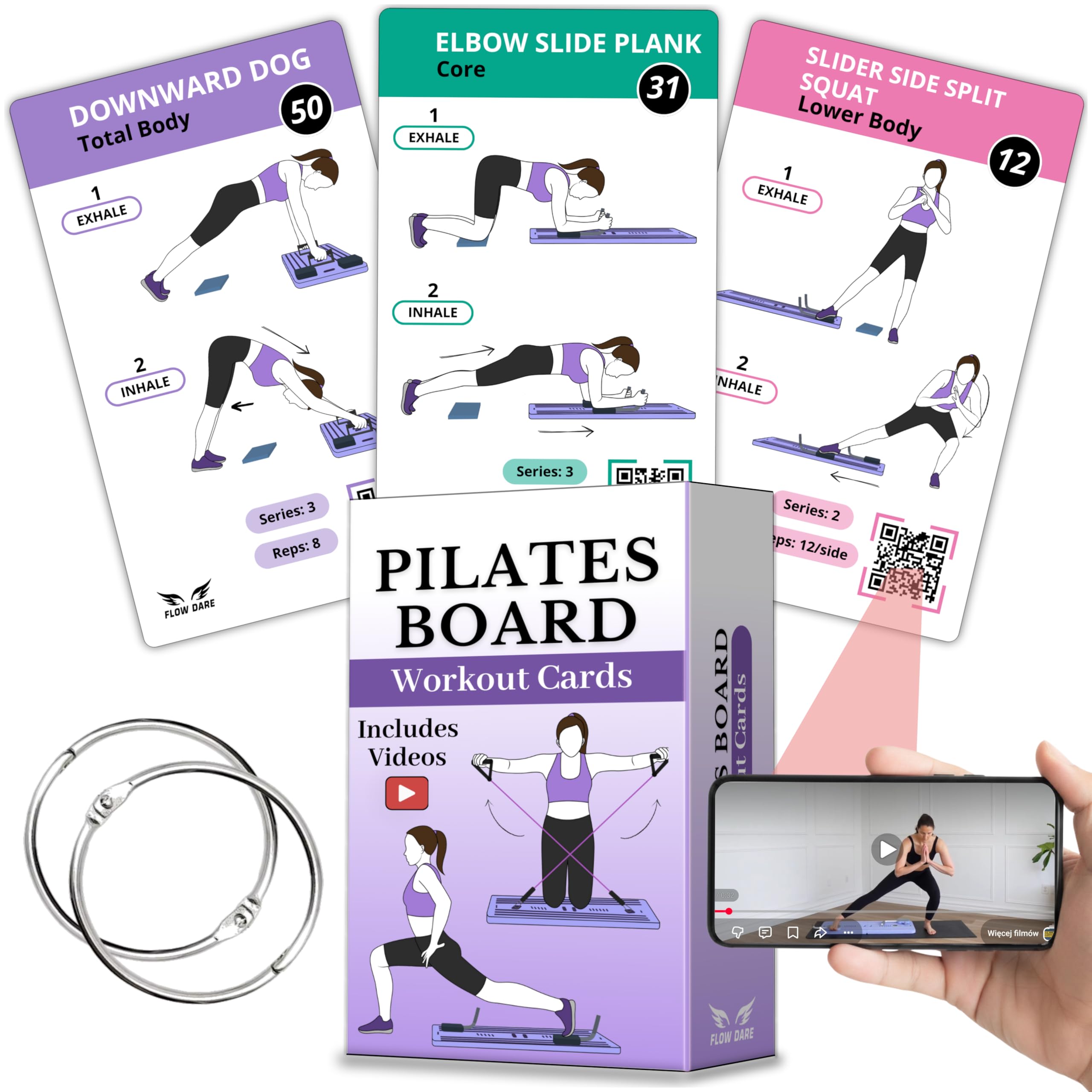 Cartes d'entraînement pour planche de pilates – 67 cartes d'exercice avec vidéos et plan d'entraînement – Comprend un défi de 5 semaines, un ebook, un tableau de progrès et 2 anneaux pour une