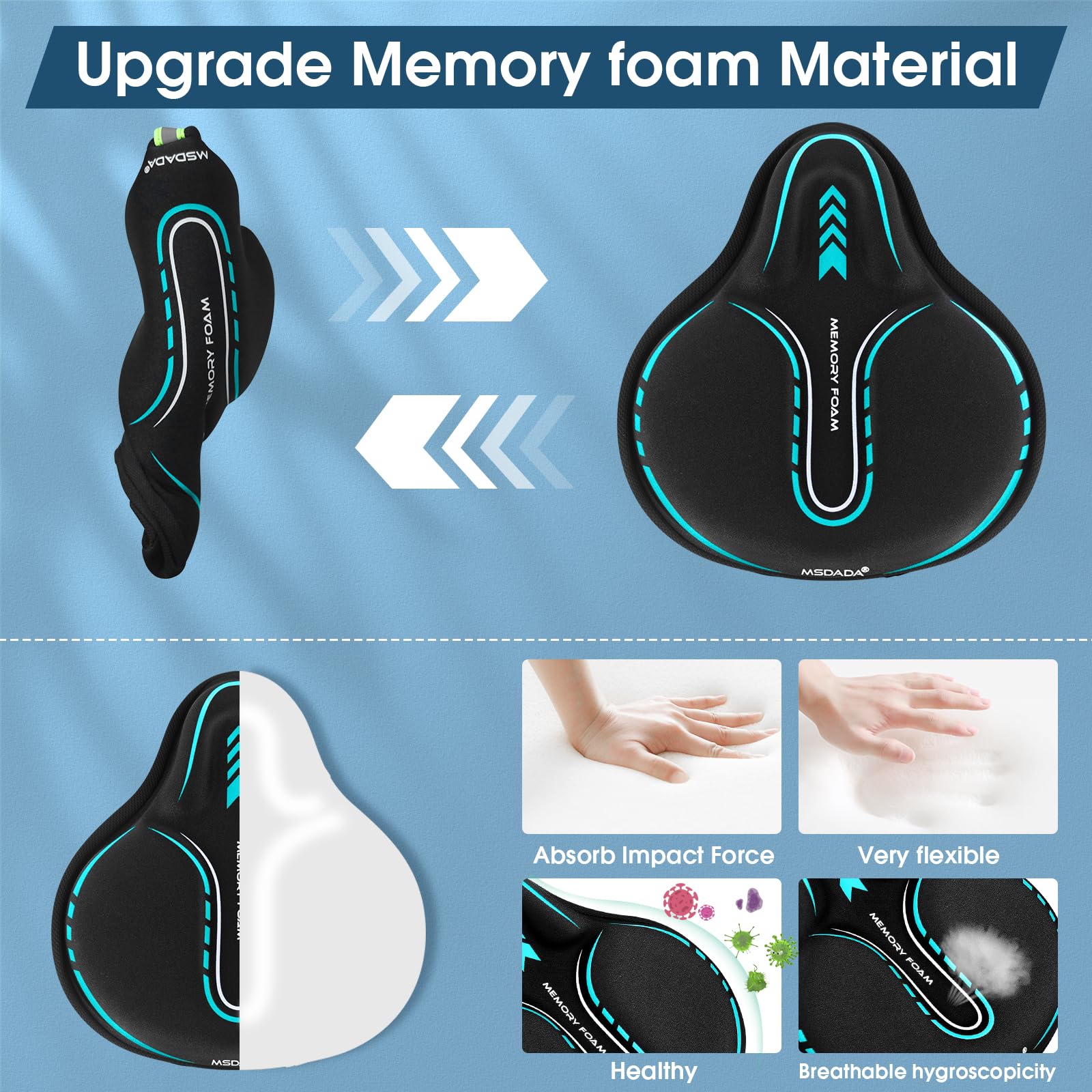 MSDADA Funda grande de gel acolchada para asiento de bicicleta, cojín suave para hombres y mujeres, cómodos accesorios de bicicleta para ciclismo en interiores y exteriores (cian)