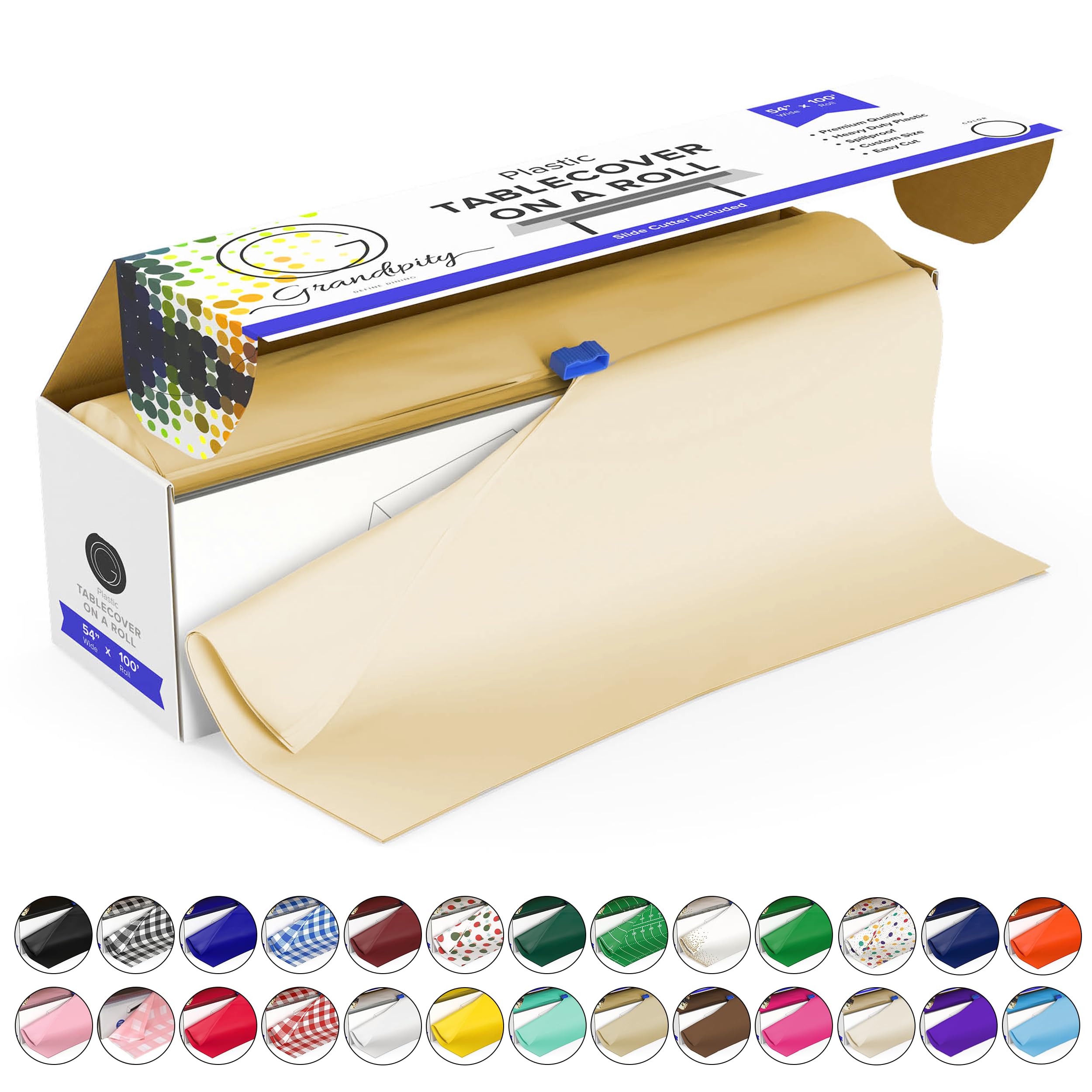 Grandipity Plastic Tablecloth Roll - 54in x 100 Ft. Ivory Plastic Table Cloths for Parties Disposable with Cutter Box - Cut to Size Disposable