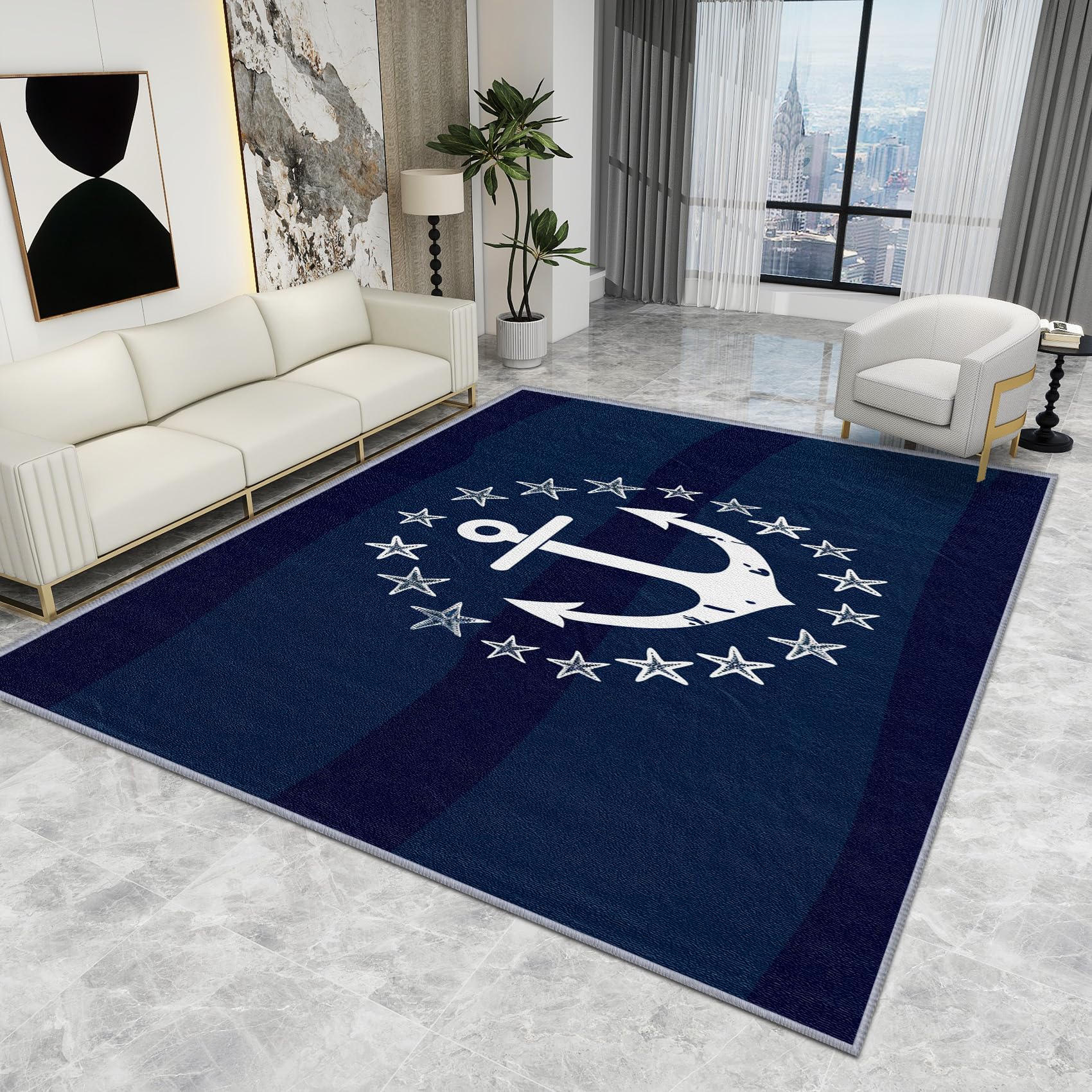 Nautical Mats and Rugs - Nautical Rug - Anchor Starfish Navy Blue Rugs, Coastal Ocean Carpet, Washable Rug Non Slip Low Pile Soft Small Area Rugs, Nautical Home Decor Gifts, 80 X 100 cm