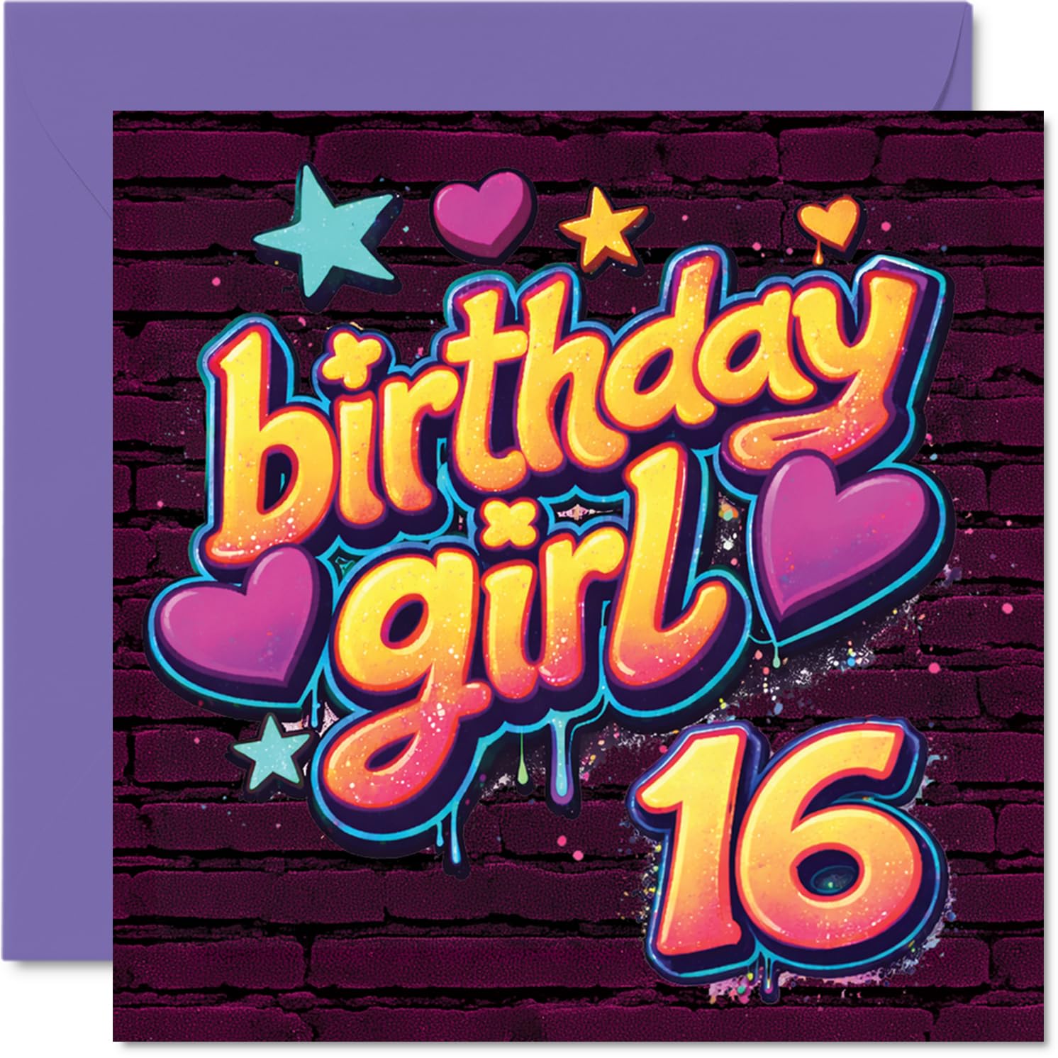 Playful 16th Birthday Card - Vibrant Graffiti Vibes - Colourful Stars and Hearts with Playful 'Birthday Girl 16' Design - 145mm Square, Envelope Included