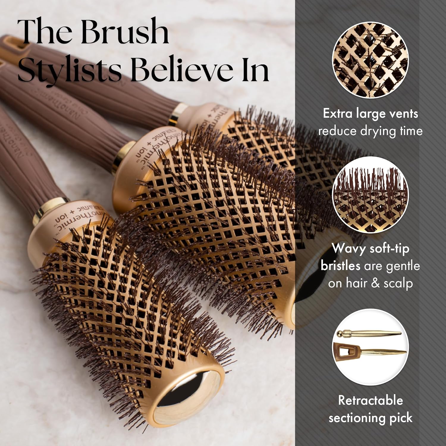 Olivia Garden NanoThermic Ceramic + Ion Round Thermal Hair Brush - Not Electrical - Professional Blowout Brush for Normal to Thick Hair