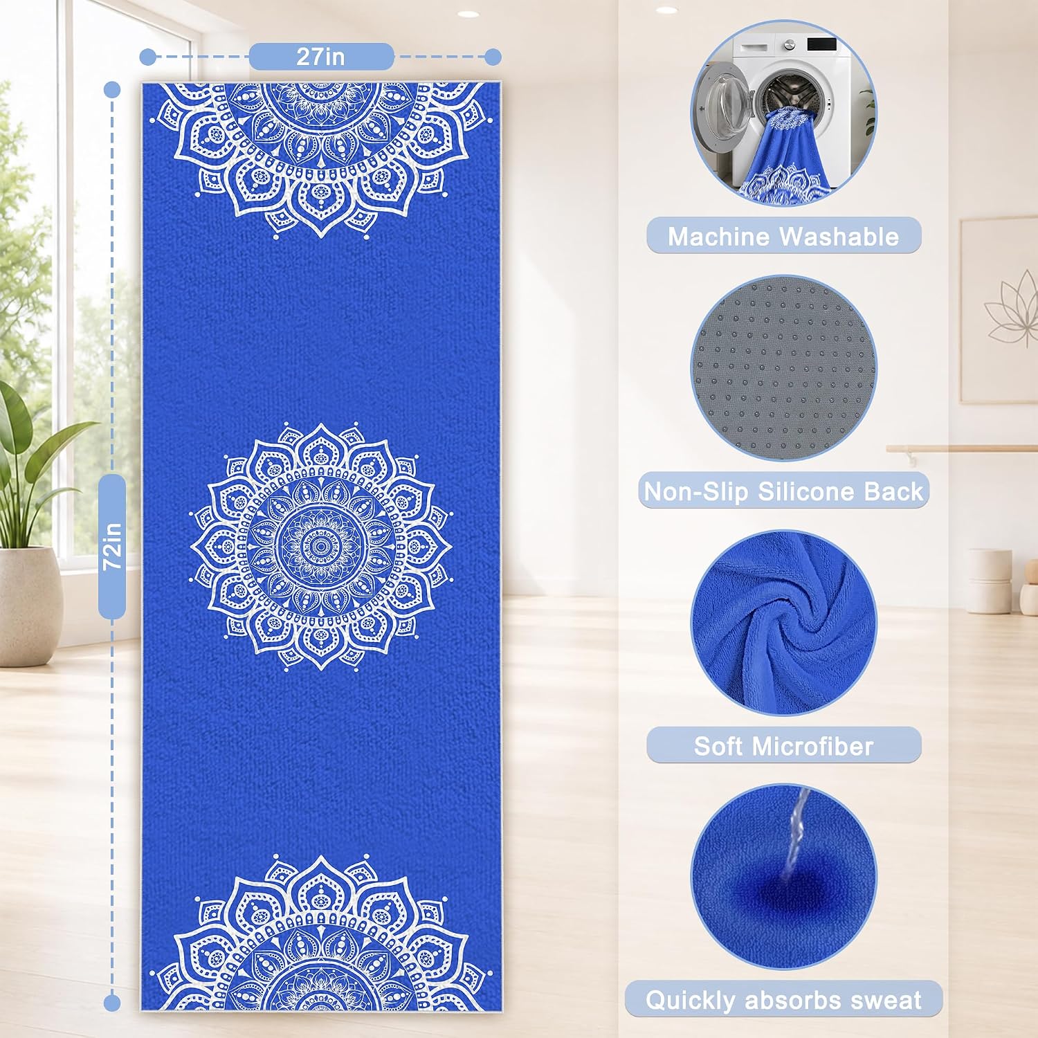 Yoga Towel,Absorbent Yoga Mat Towel for Hot Yoga Non Slip,Stylish Prints,Ideal for Workouts,Hot Yoga,Bikram,Pilates Equipment,72 x 27 in,Blue Mandala image 3